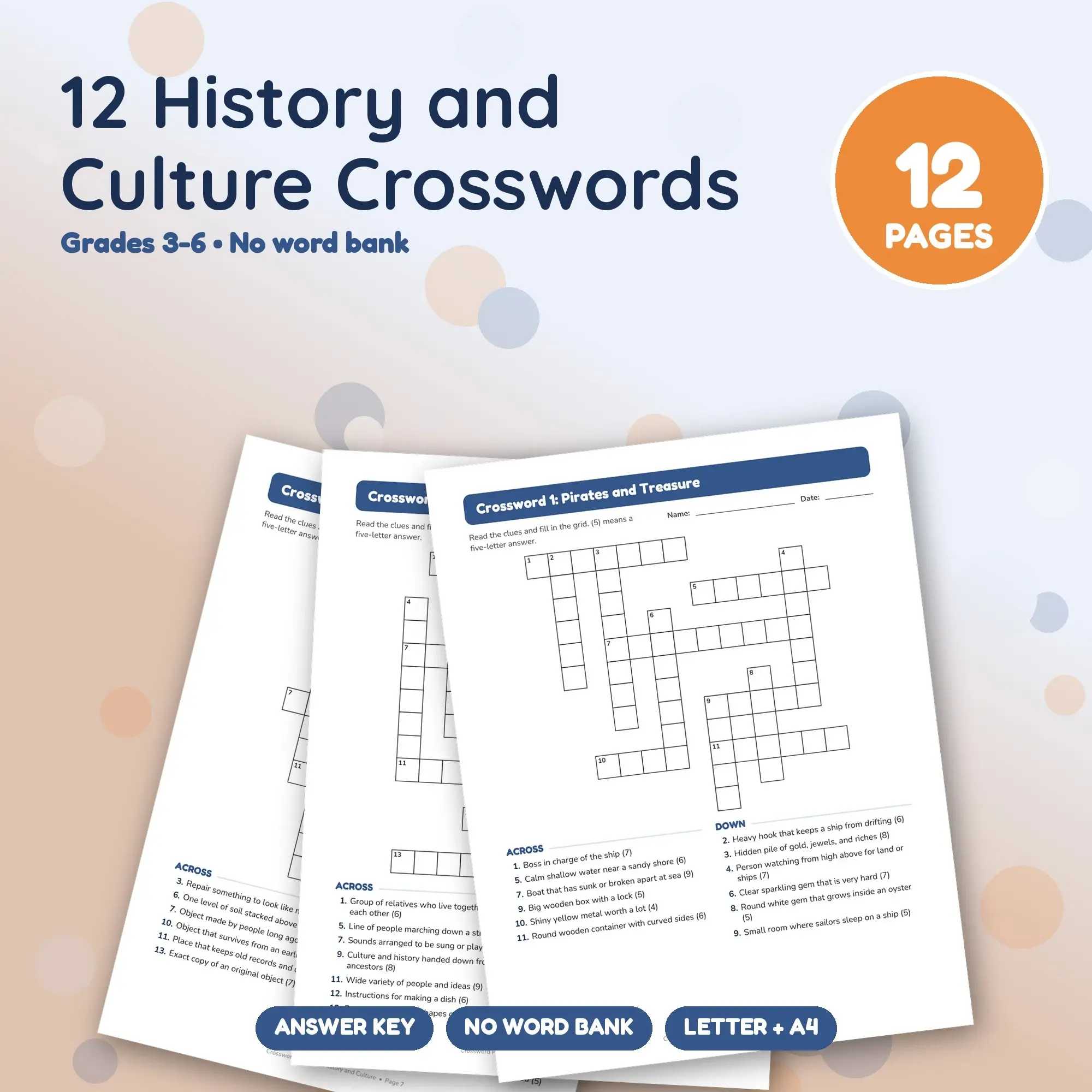 History and Culture Crossword Pack: 12 Printable Puzzles, Grades 3-6, Answer Key, preview 1 of 2