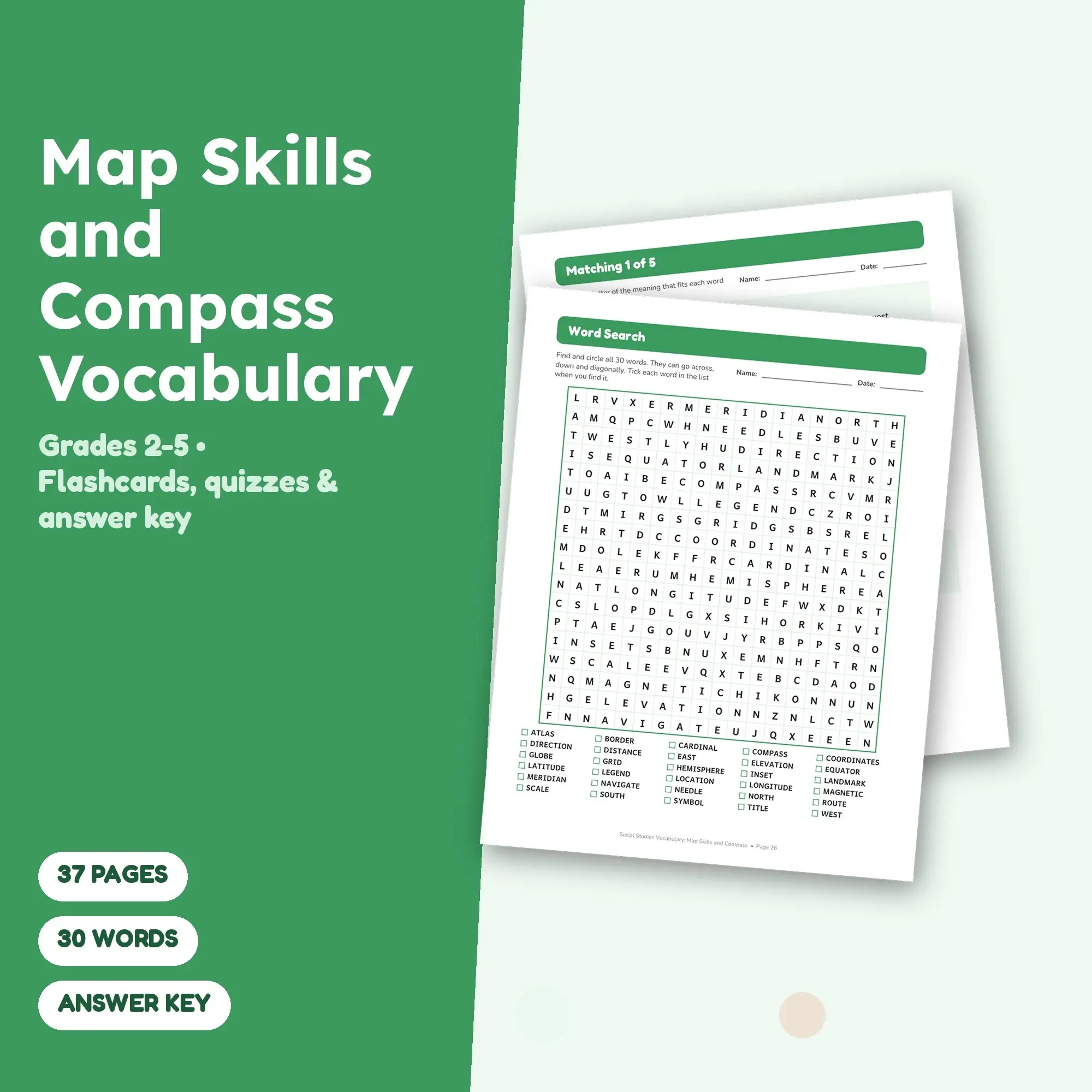Printable Map Skills and Compass Vocabulary Activities Grades 2-5 - Word Search, Quizzes, Key preview