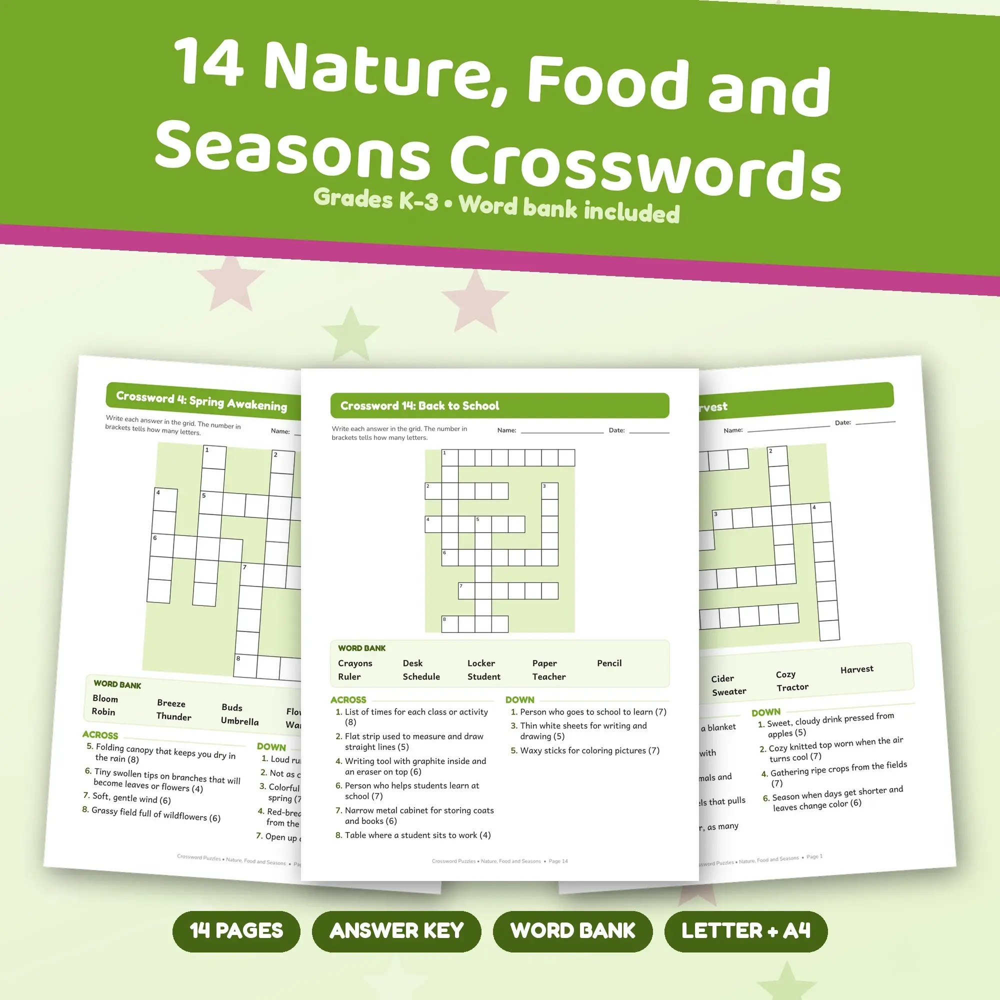 Nature, Food and Seasons Crossword Pack: 14 Printable Puzzles, Grades K-3, Answer Key preview