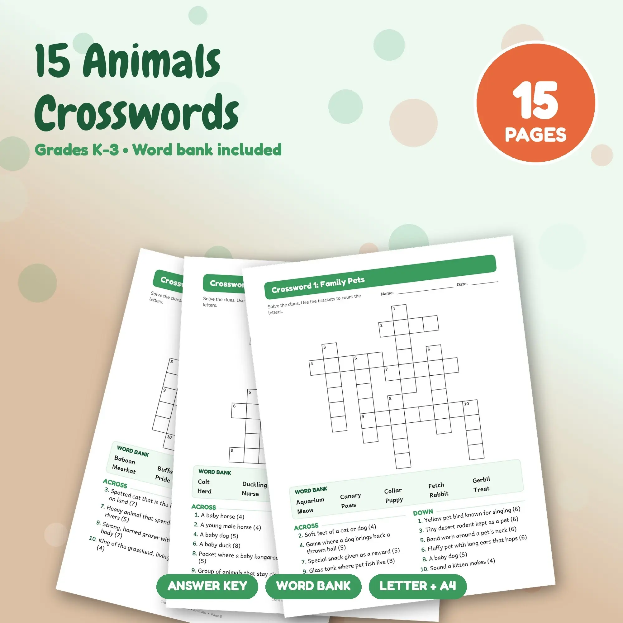 Animals Crossword Pack: 15 Printable Puzzles, Grades K-3, Answer Key preview