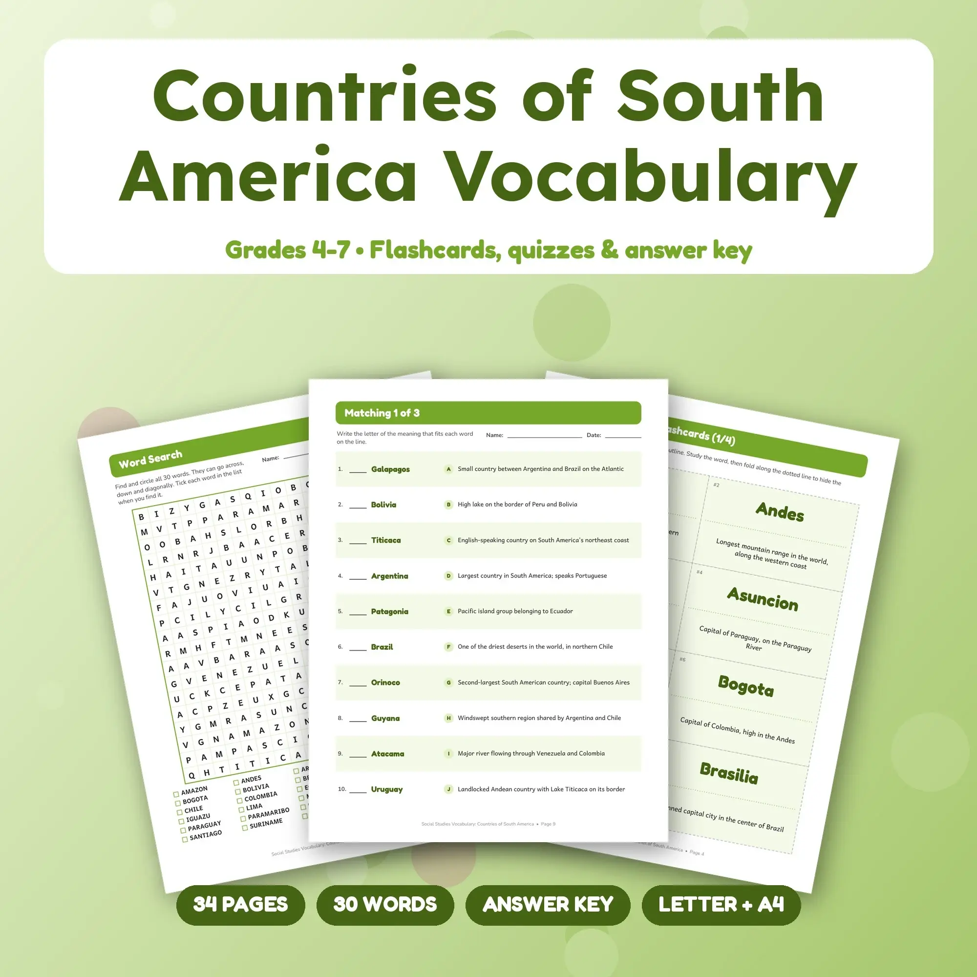 Printable Countries of South America Vocabulary Activities Grades 4-7 - Word Search, Quizzes, Key preview