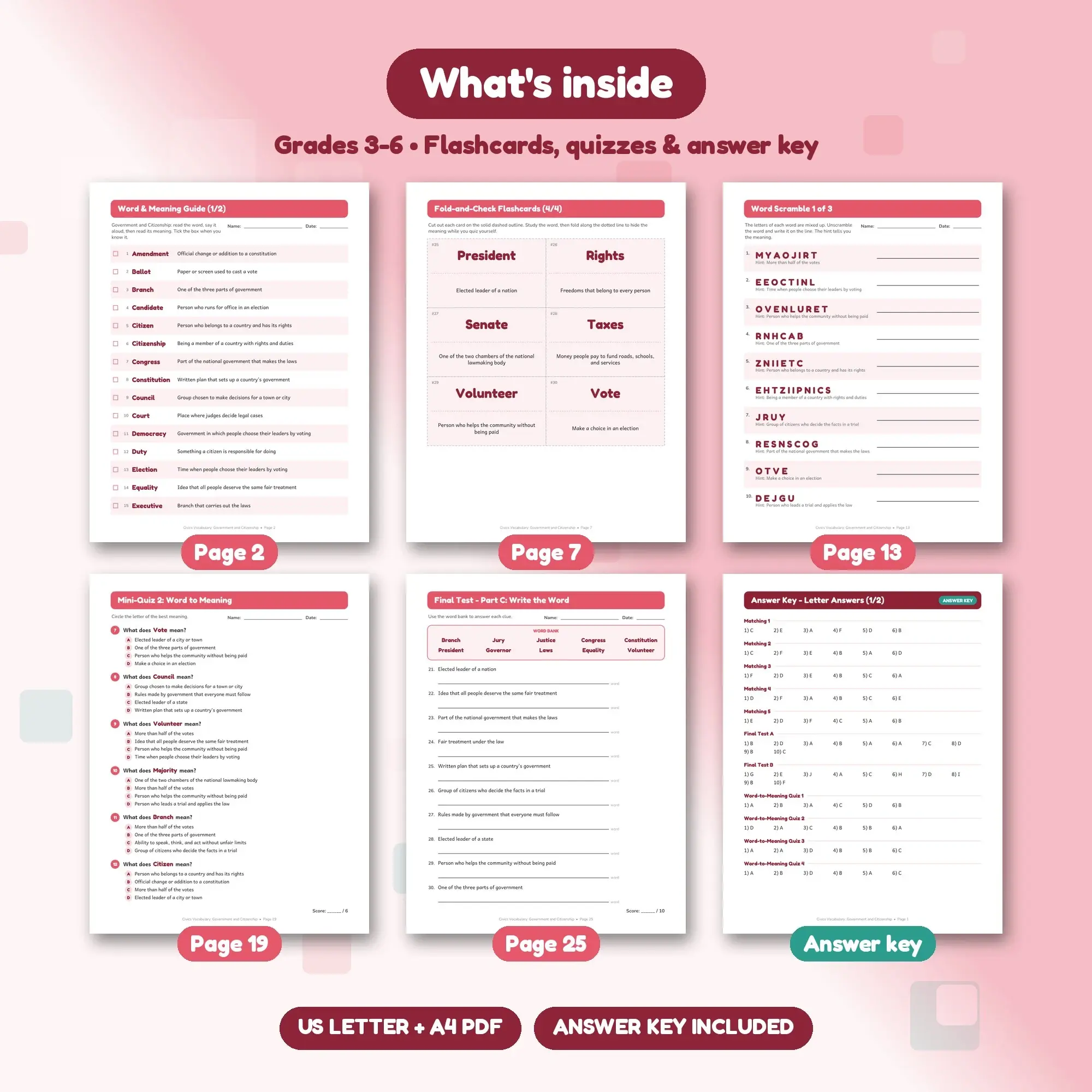 30 Government and Citizenship Vocabulary Words - Printable Study Set, Grades 3-6, Answer Key, preview 2 of 2