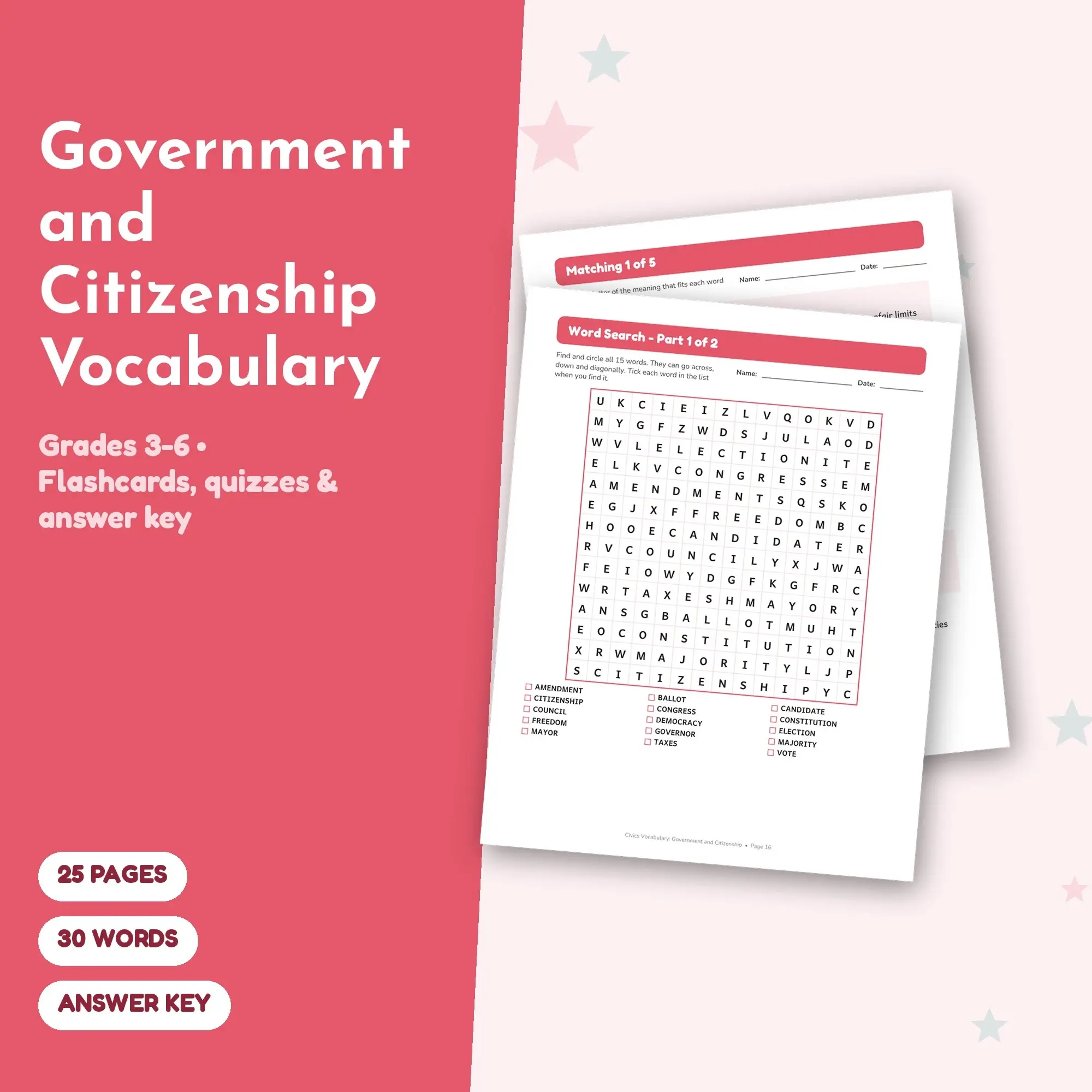 30 Government and Citizenship Vocabulary Words - Printable Study Set, Grades 3-6, Answer Key, preview 1 of 2