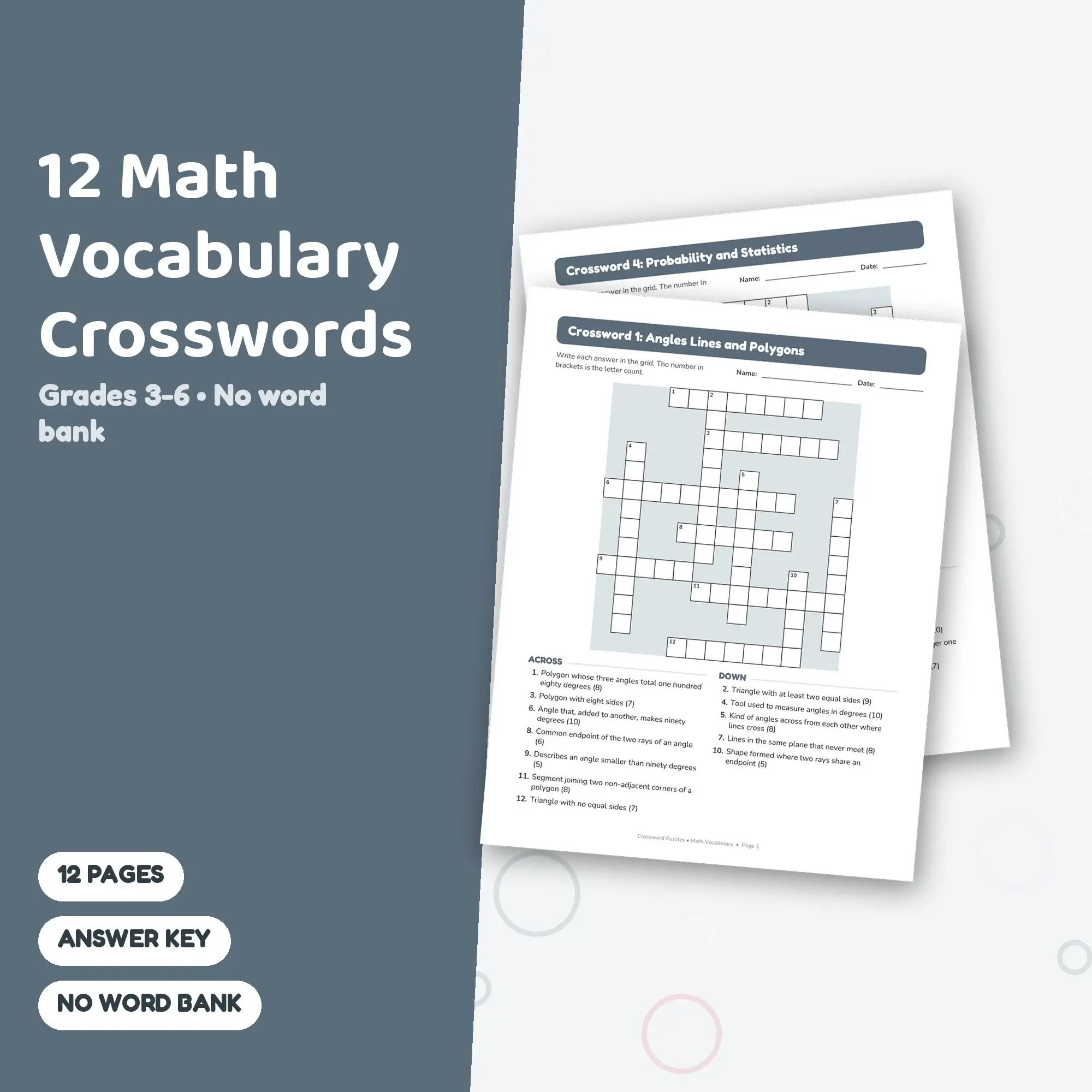 Math Vocabulary Crossword Pack: 12 Printable Puzzles, Grades 3-6, Answer Key preview