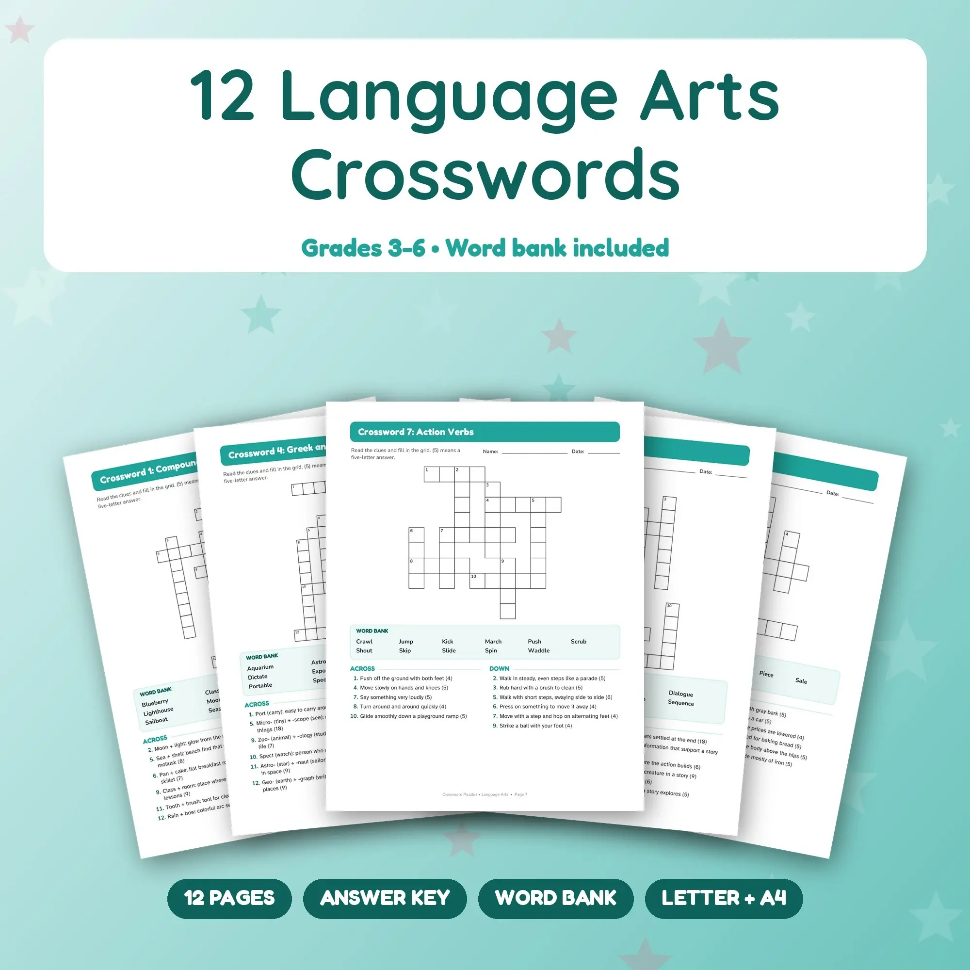 Language Arts Crossword Pack: 12 Printable Puzzles, Grades 3-6, Answer Key preview