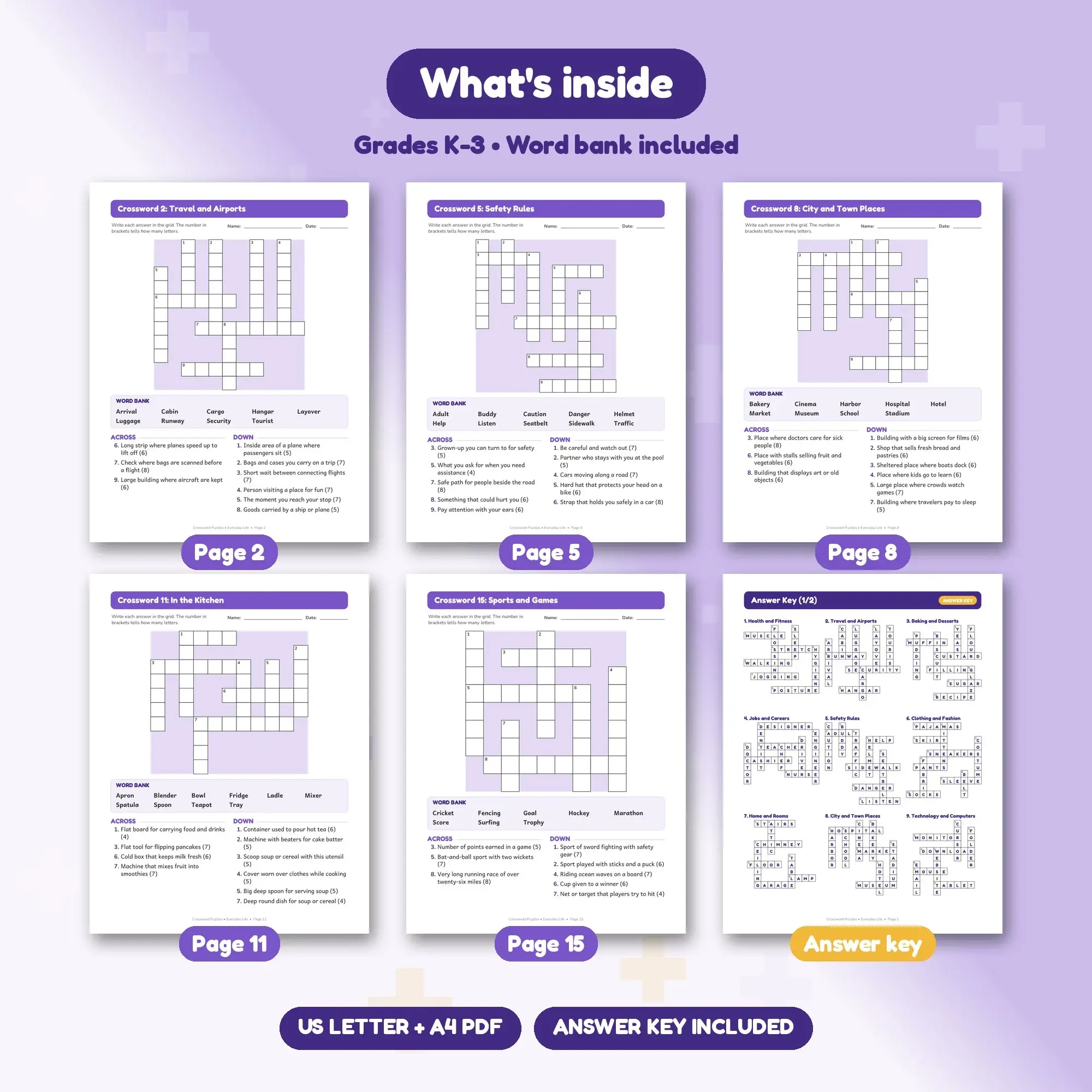 Everyday Life Crossword Pack: 15 Printable Puzzles, Grades K-3, Answer Key, preview 2 of 2