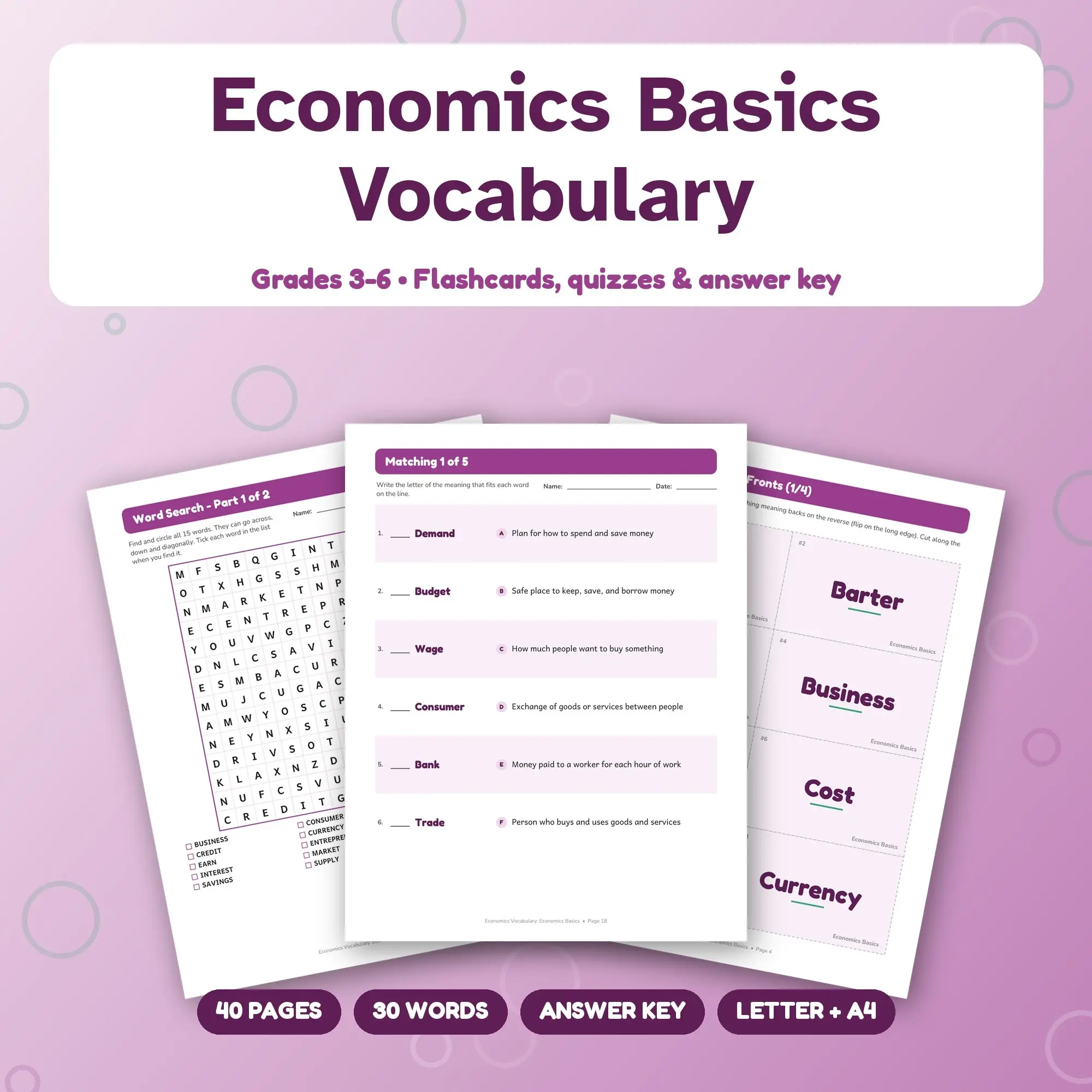 Economics Basics Vocabulary Study Set - Flashcards, Quizzes & Word Search, Grades 3-6 preview