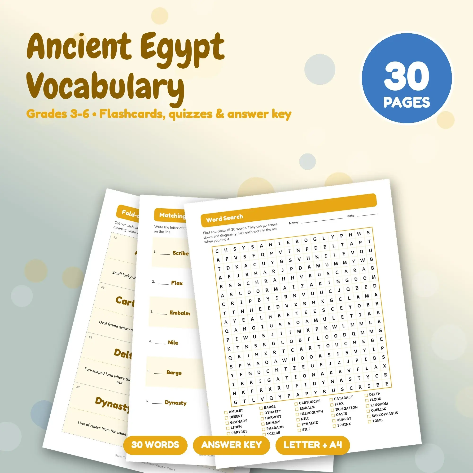 Ancient Egypt Word List, Flashcards & Vocabulary Quizzes (Grades 3-6) - 30 Pages preview