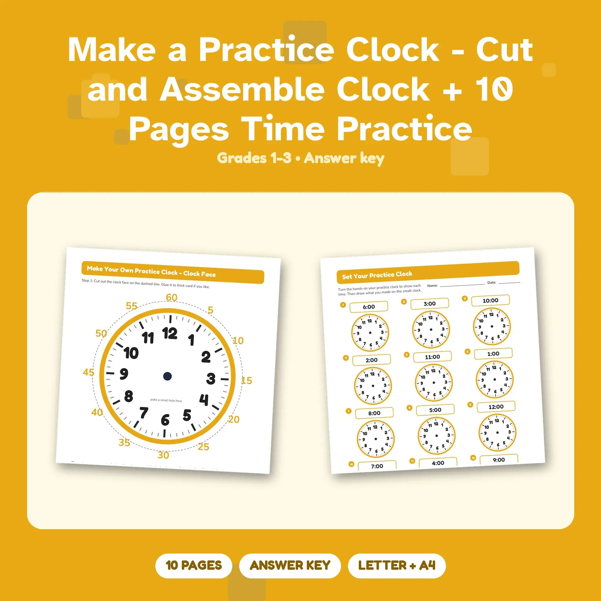 Make a Practice Clock - Cut and Assemble Clock + 10 Pages Time Practice preview