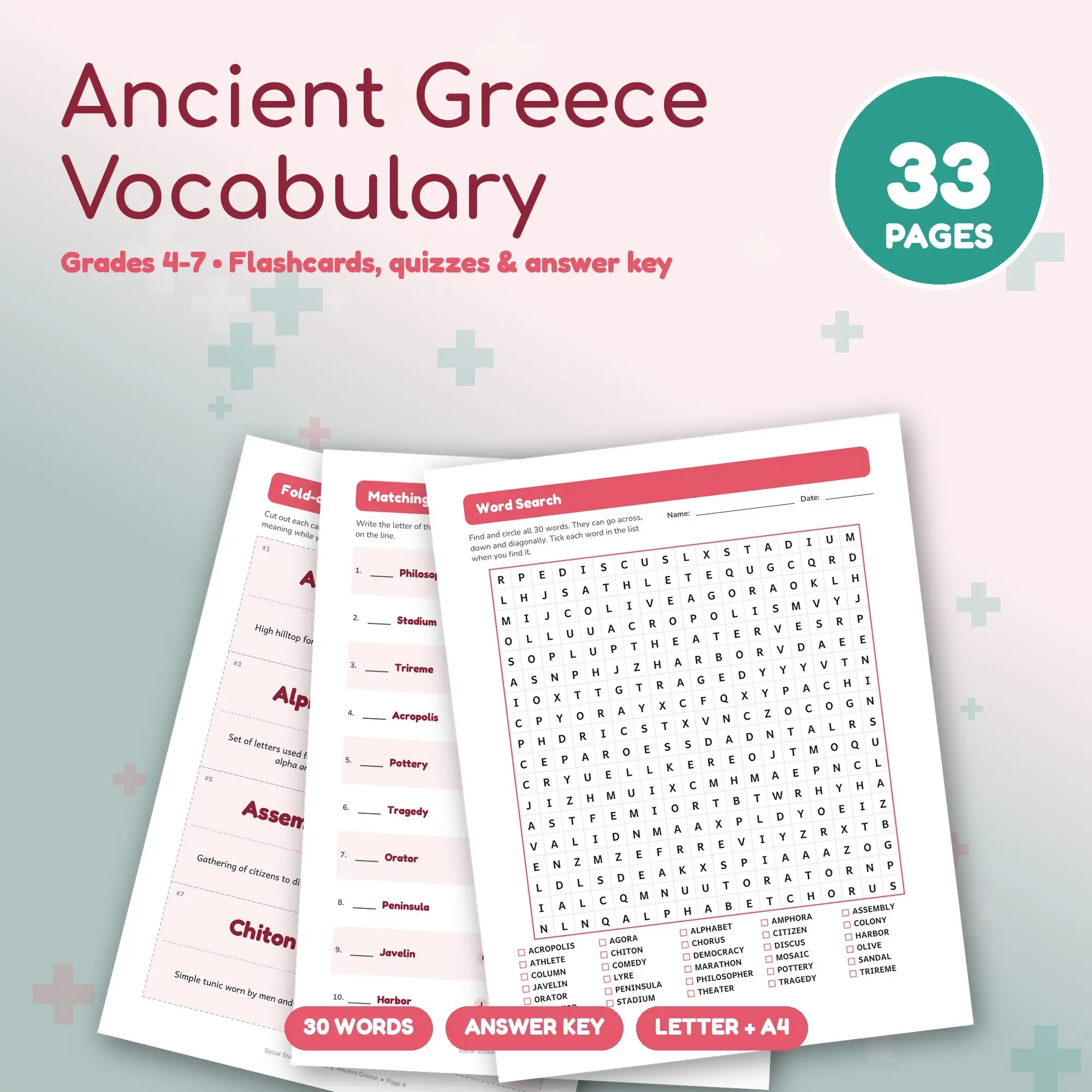 Ancient Greece Vocabulary Study Set - Flashcards, Quizzes & Word Search, Grades 4-7 preview