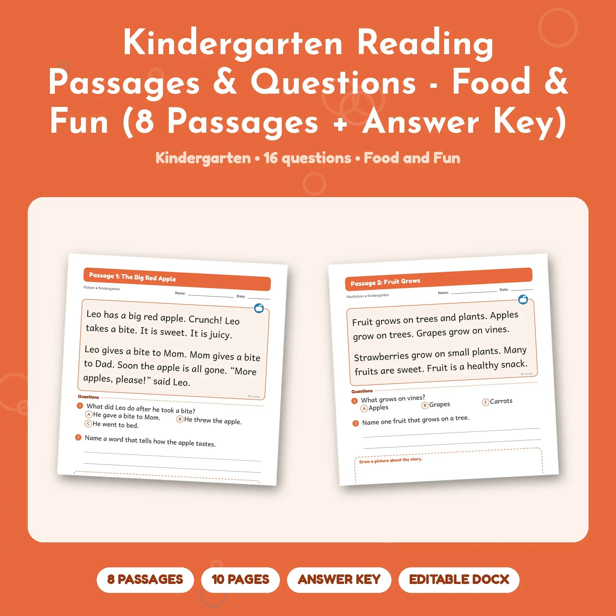 Kindergarten Reading Passages & Questions - Food & Fun (8 Passages + Answer Key), preview 1 of 2