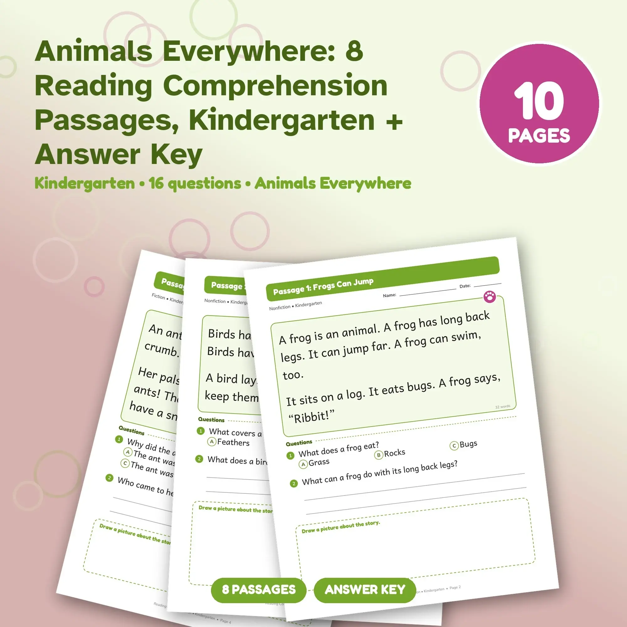 Animals Everywhere: 8 Reading Comprehension Passages, Kindergarten + Answer Key preview
