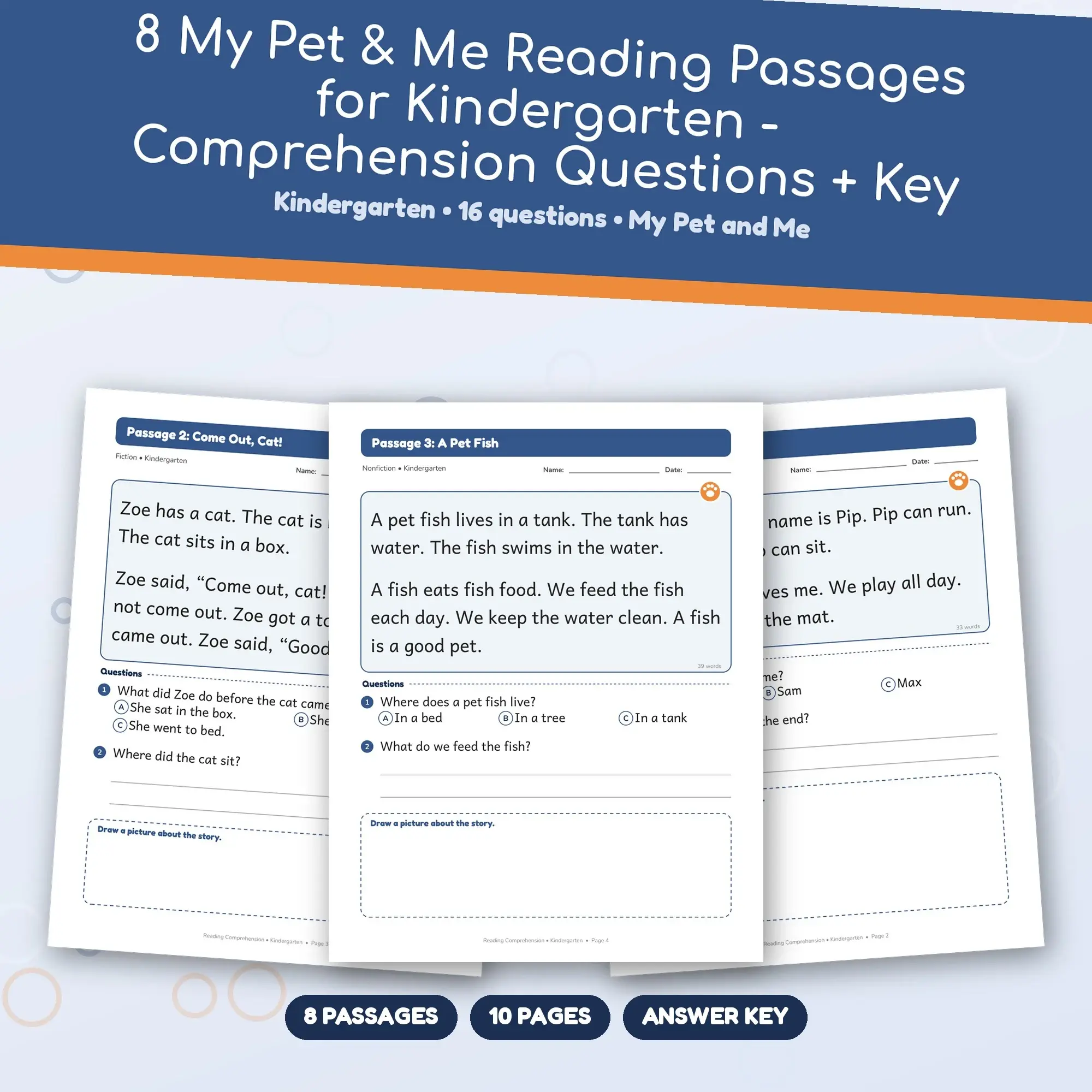 8 My Pet & Me Reading Passages for Kindergarten - Comprehension Questions + Key preview
