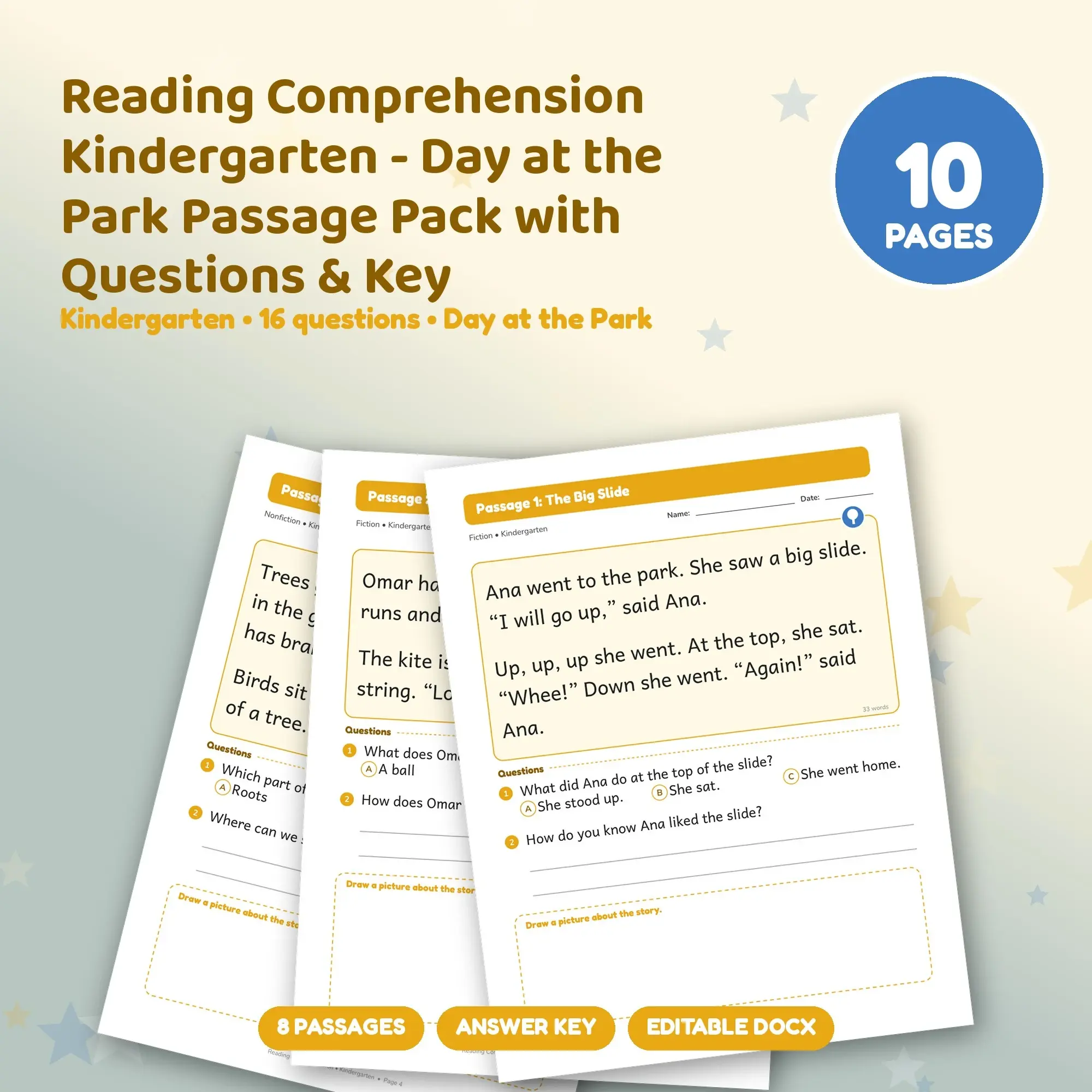 Reading Comprehension Kindergarten - Day at the Park Passage Pack with Questions & Key preview