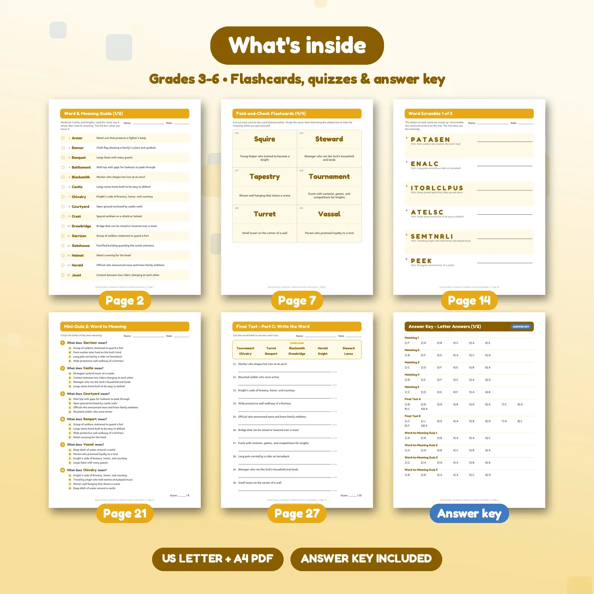 Medieval Castles and Knights Vocabulary Study Set - Flashcards, Quizzes & Word Search, Grades 3-6, preview 2 of 2
