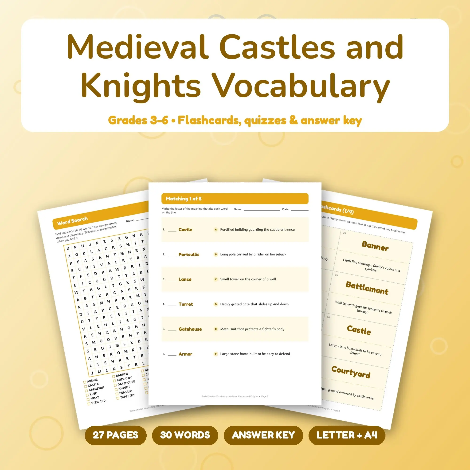 Medieval Castles and Knights Vocabulary Study Set - Flashcards, Quizzes & Word Search, Grades 3-6 preview