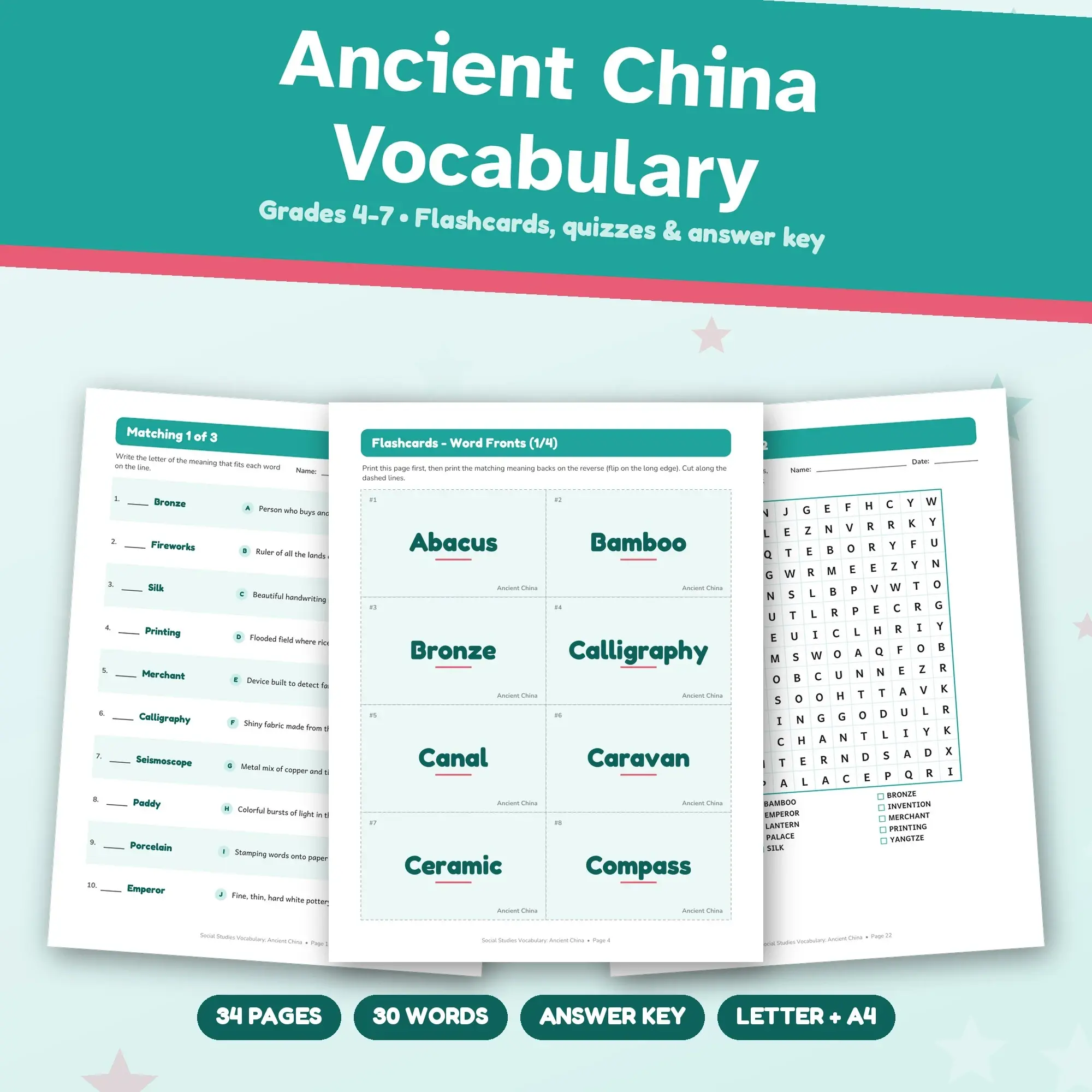 Ancient China Vocabulary Study Set - Flashcards, Quizzes & Word Search, Grades 4-7 preview