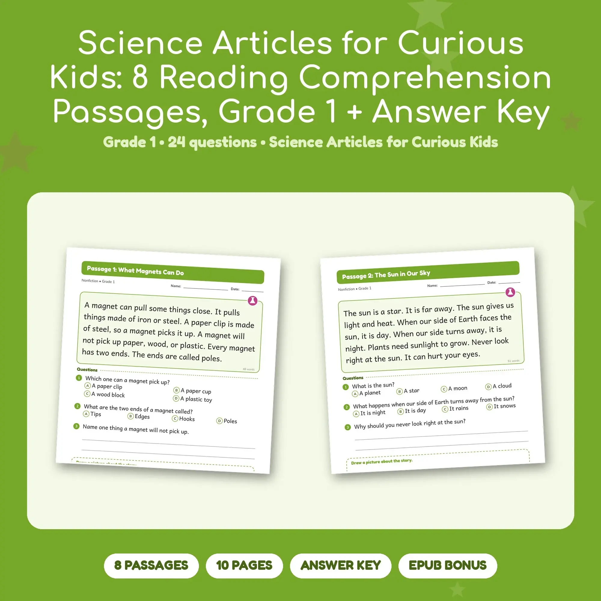 Science Articles for Curious Kids: 8 Reading Comprehension Passages, Grade 1 + Answer Key preview