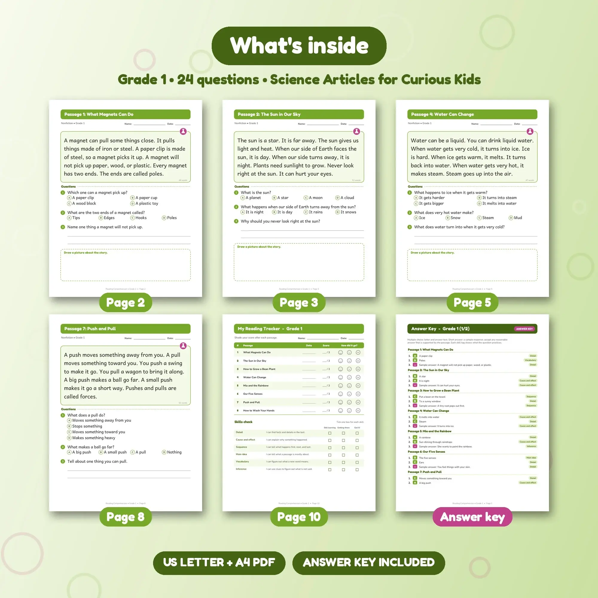 Science Articles for Curious Kids: 8 Reading Comprehension Passages, Grade 1 + Answer Key, preview 2 of 2