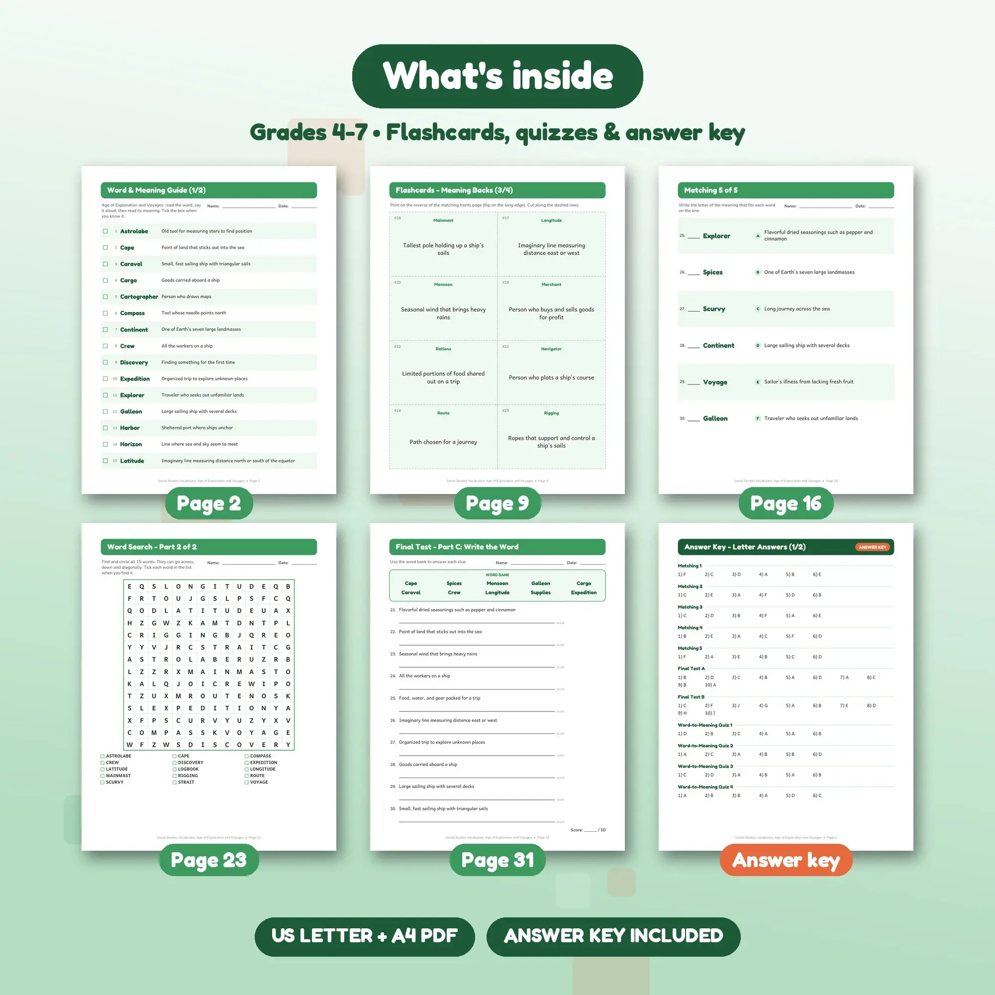 Age of Exploration and Voyages Vocabulary Practice Pack Grades 4-7 - 31 Printable Pages + Key, preview 2 of 2