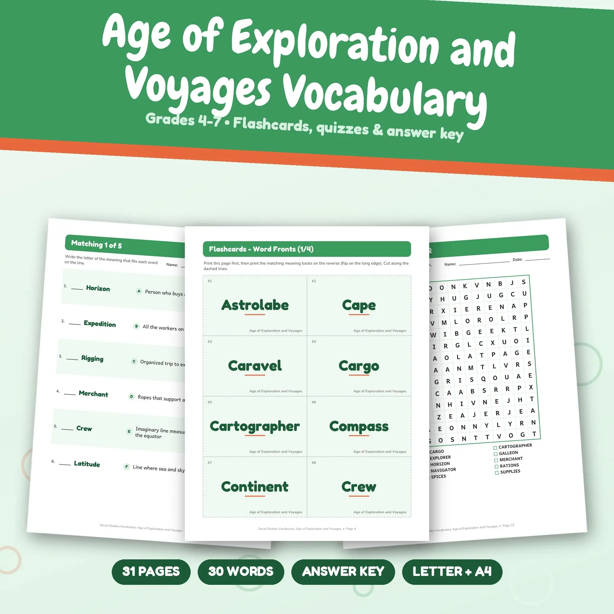 Age of Exploration and Voyages Vocabulary Practice Pack Grades 4-7 - 31 Printable Pages + Key preview