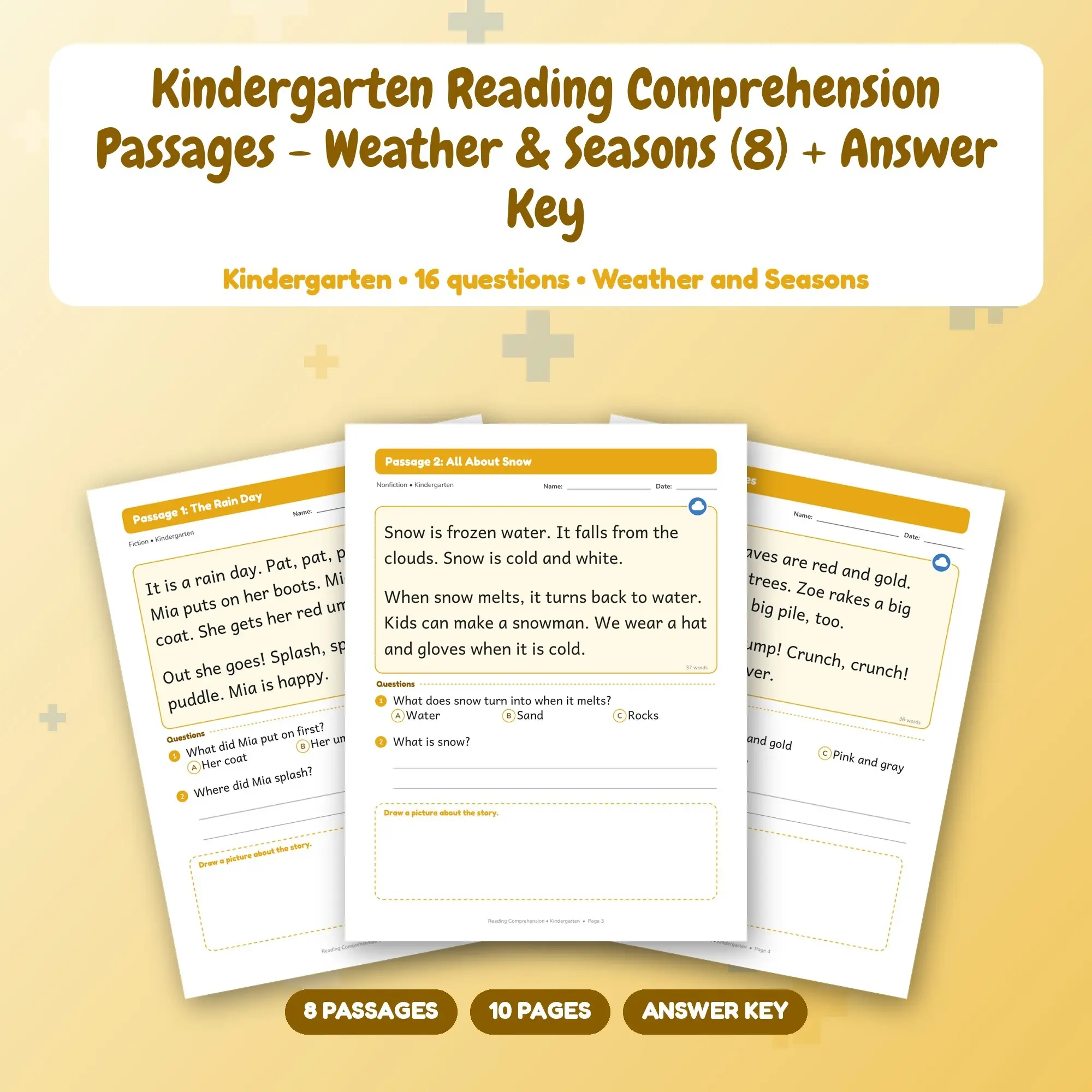 Kindergarten Reading Comprehension Passages - Weather & Seasons (8) + Answer Key preview