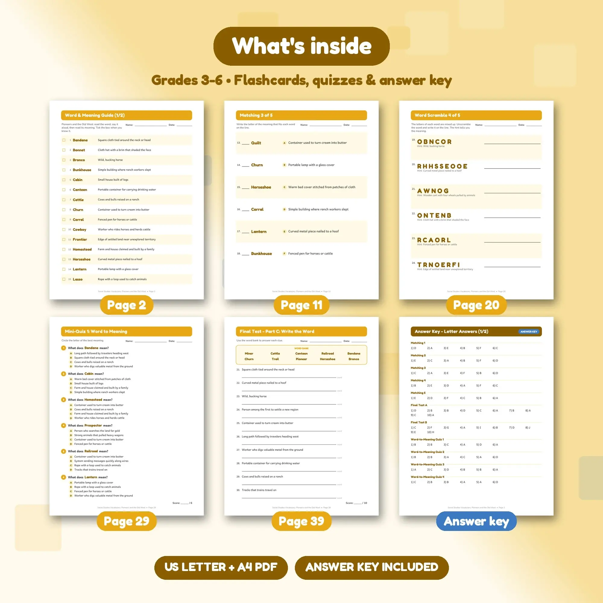 Pioneers and the Old West Vocabulary Practice Pack Grades 3-6 - 39 Printable Pages + Key, preview 2 of 2