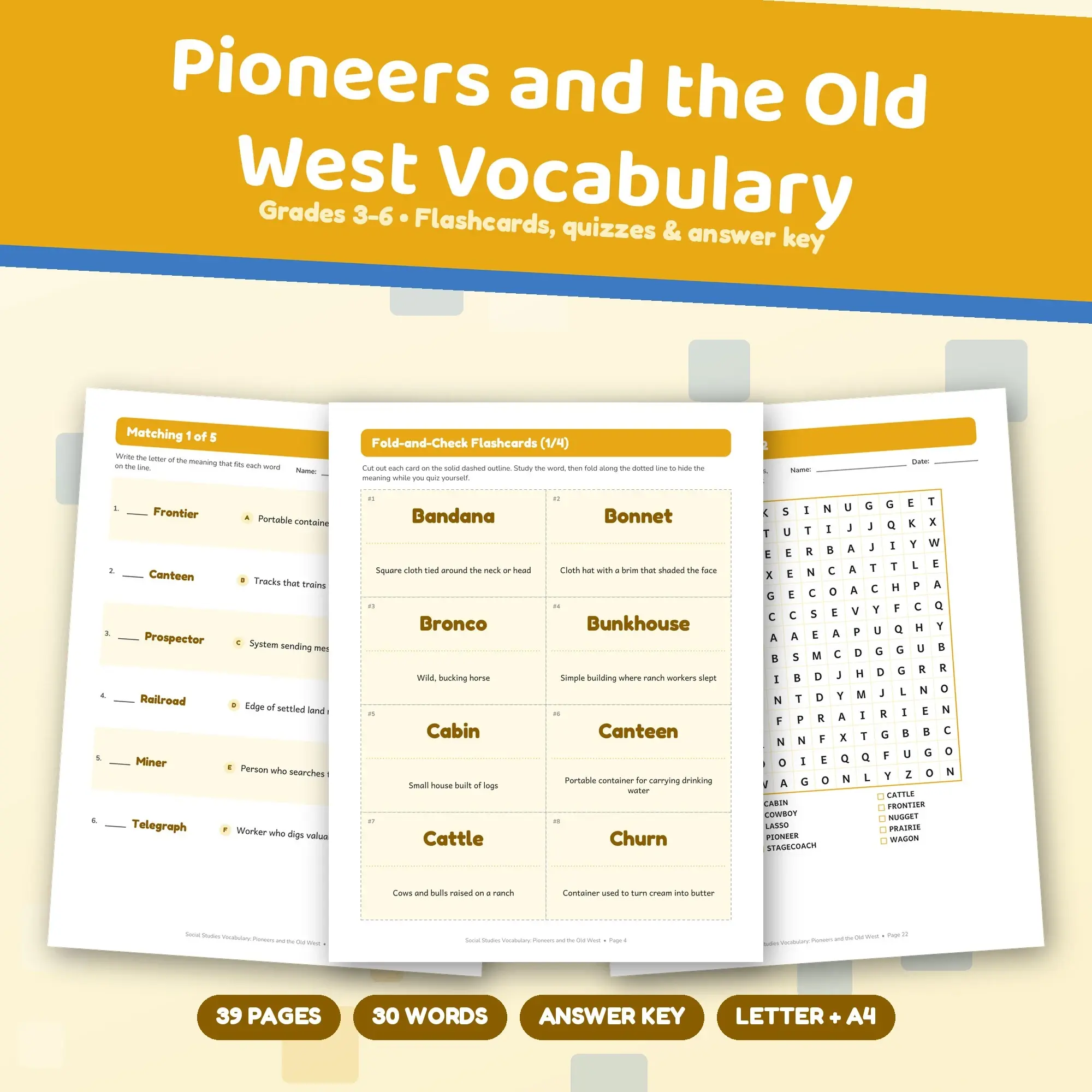 Pioneers and the Old West Vocabulary Practice Pack Grades 3-6 - 39 Printable Pages + Key, preview 1 of 2