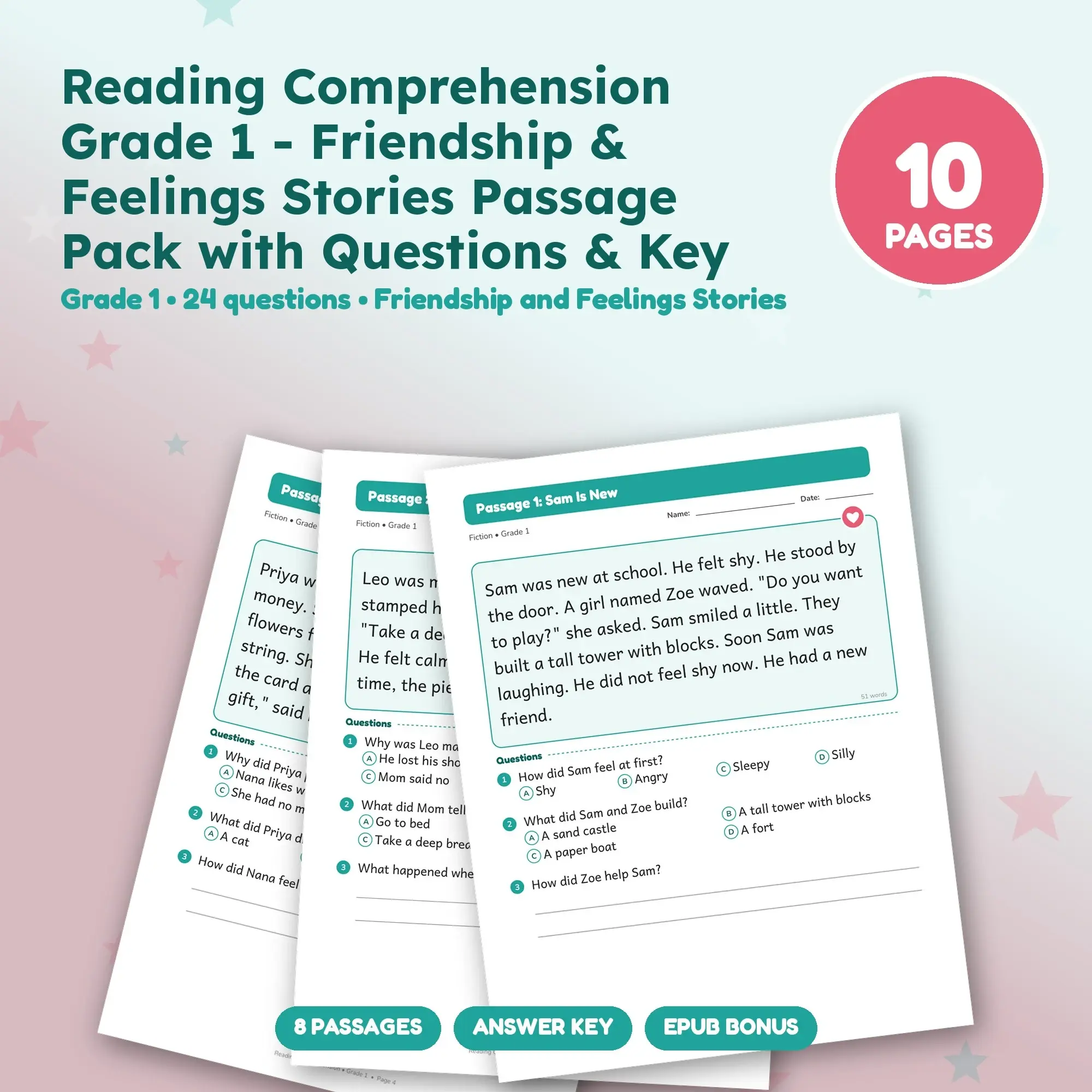 Reading Comprehension Grade 1 - Friendship & Feelings Stories Passage Pack with Questions & Key preview