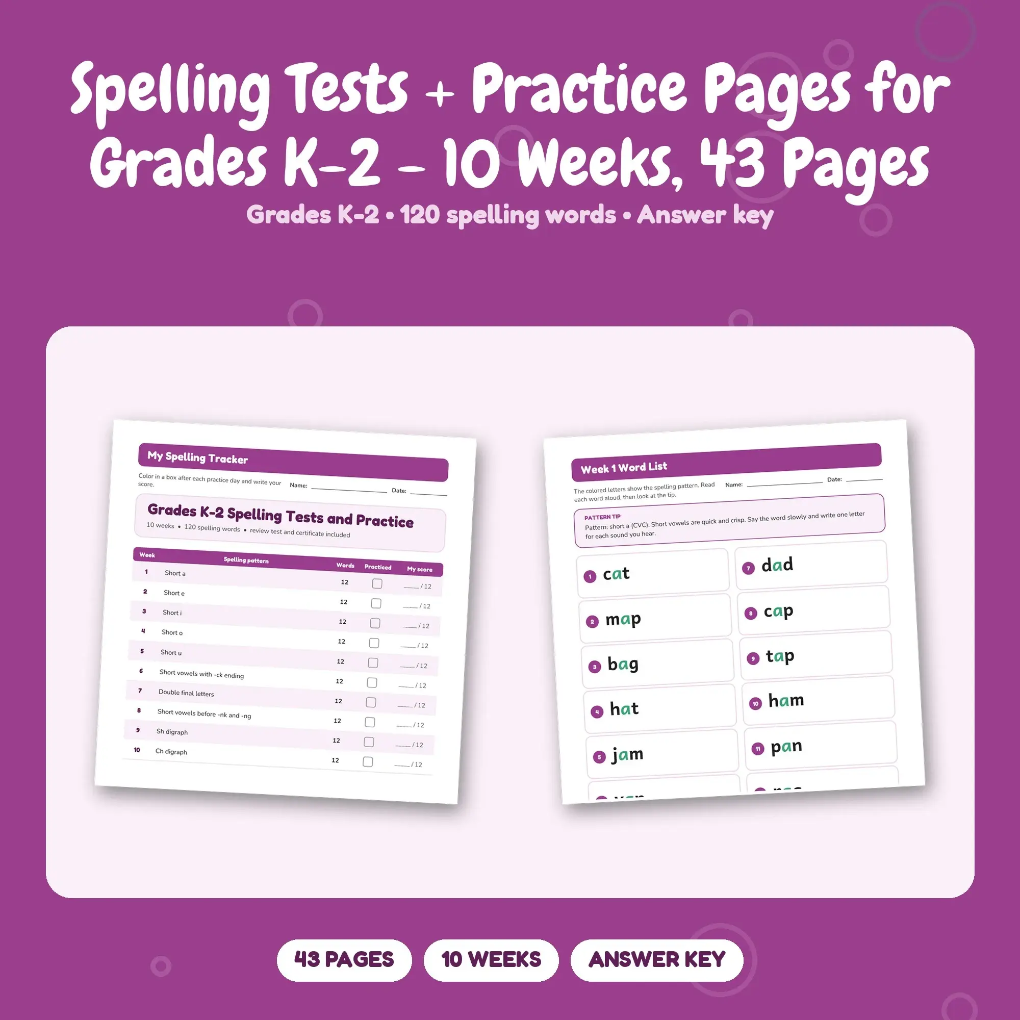 Spelling Tests + Practice Pages for Grades K-2 - 10 Weeks, 43 Pages preview