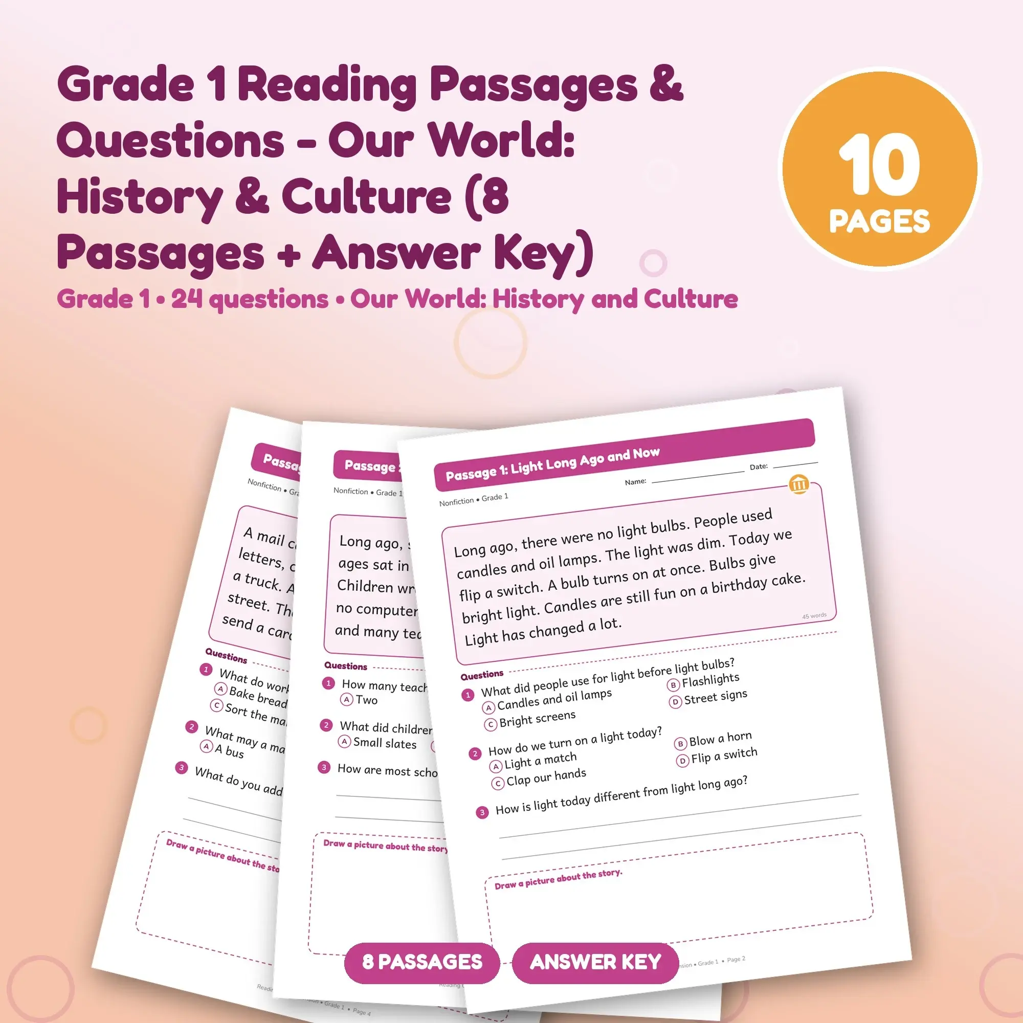 Grade 1 Reading Passages & Questions - Our World: History & Culture (8 Passages + Answer Key) preview