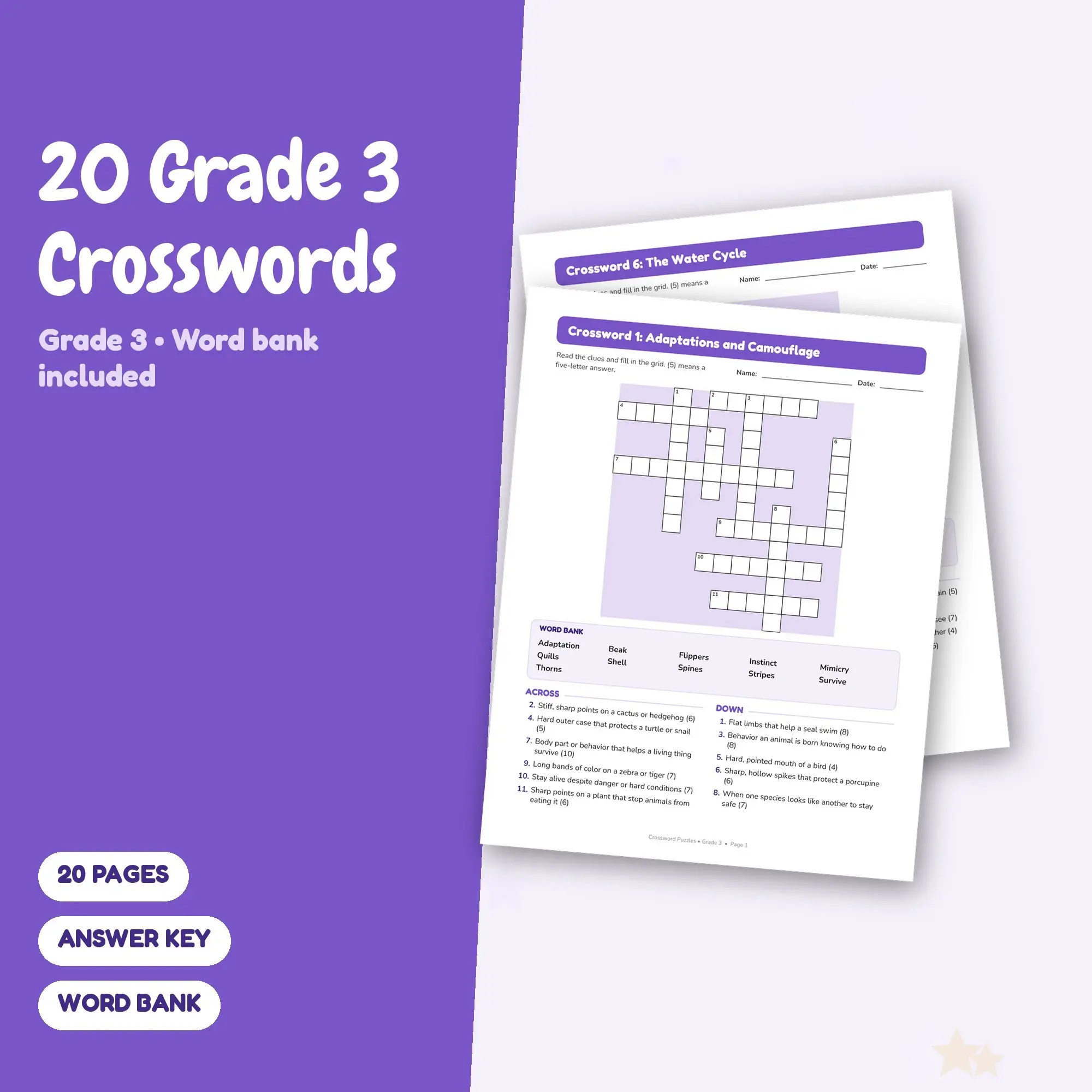20 Grade 3 Crosswords - Varied Topics, Printable PDF with Answer Key preview