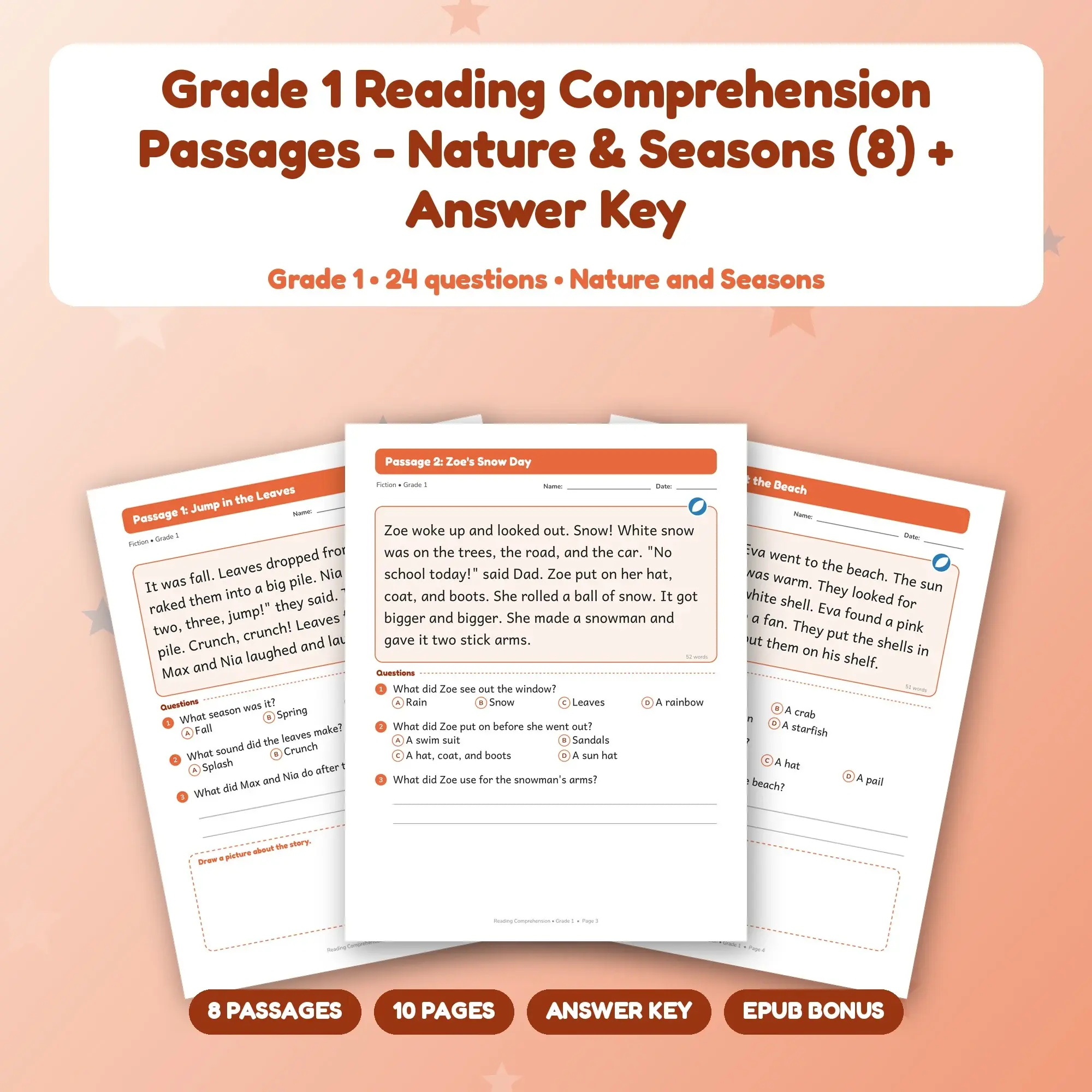 Grade 1 Reading Comprehension Passages - Nature & Seasons (8) + Answer Key preview