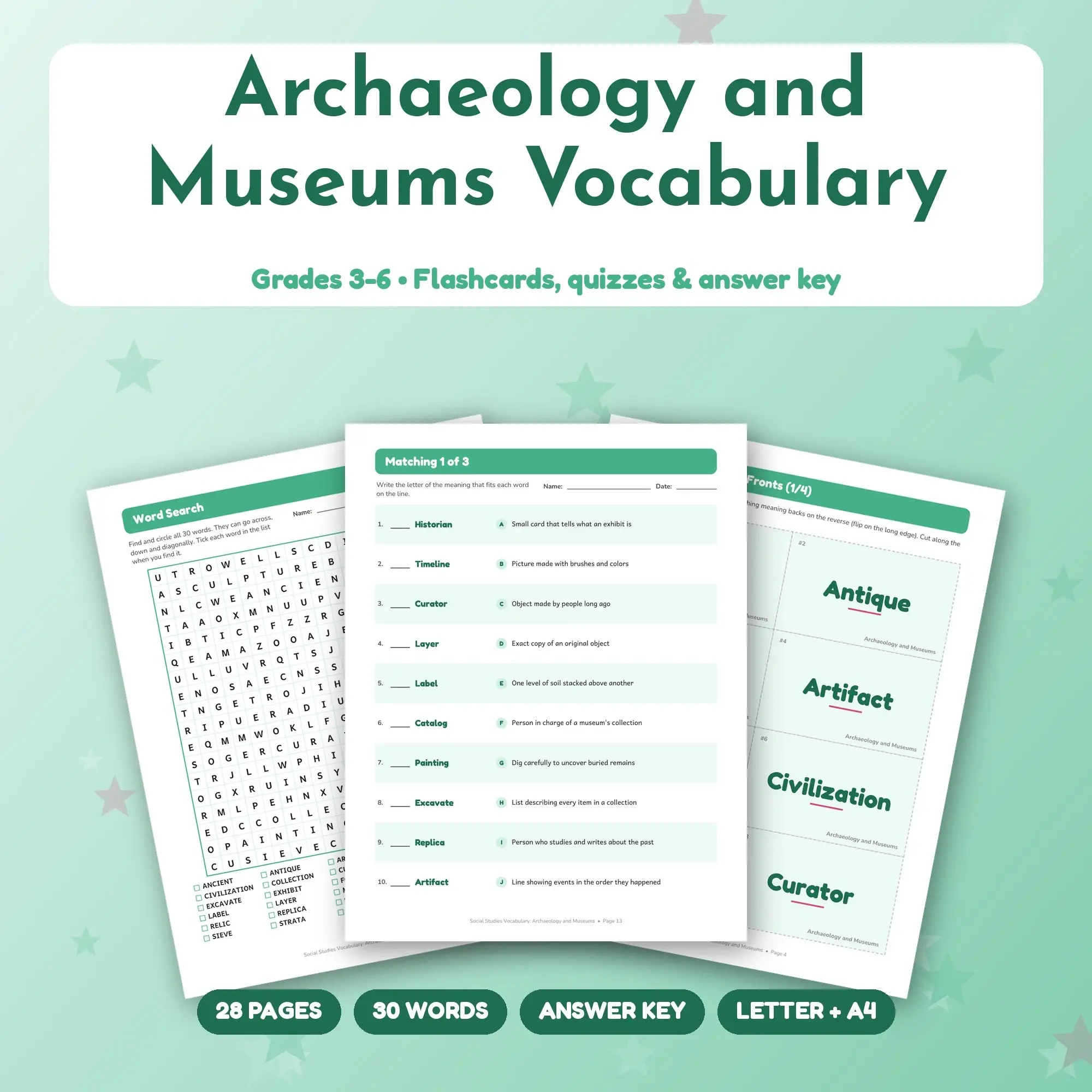 Archaeology and Museums Vocabulary Study Set - Flashcards, Quizzes & Word Search, Grades 3-6 preview