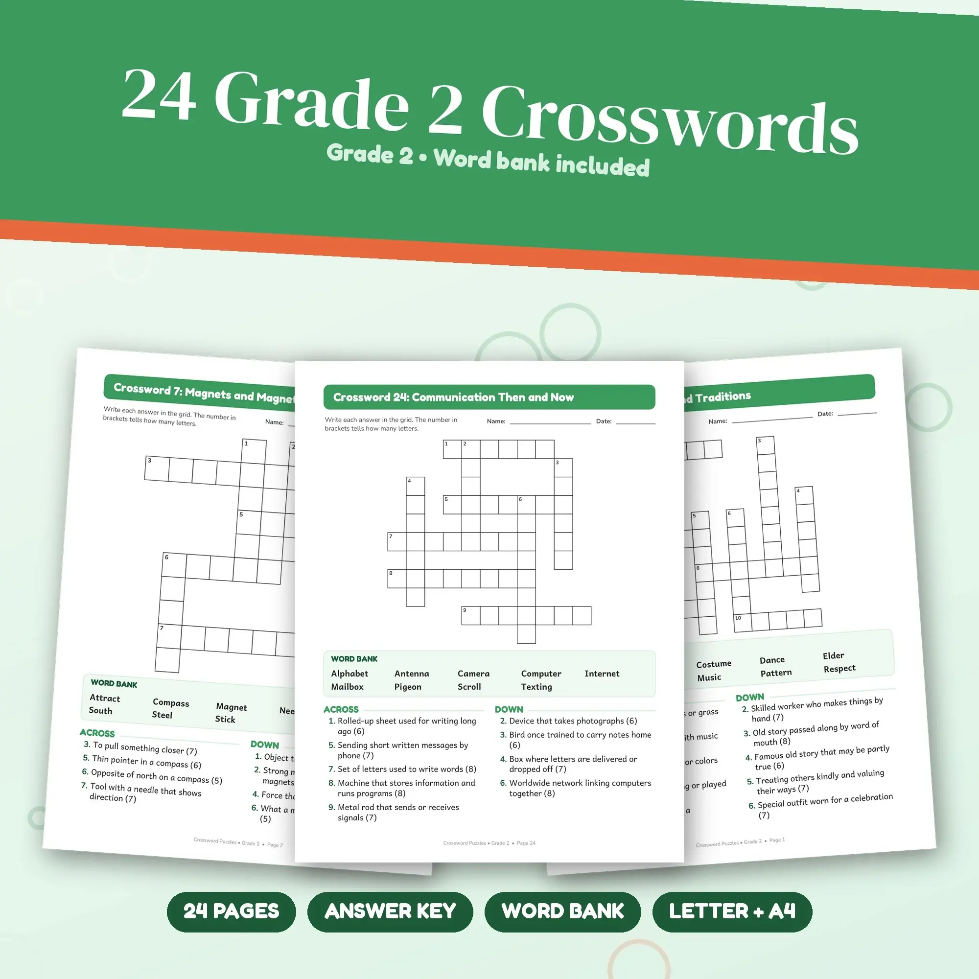 Grade 2 Crossword Puzzle Book: 24 Printable Puzzles + Answer Key preview
