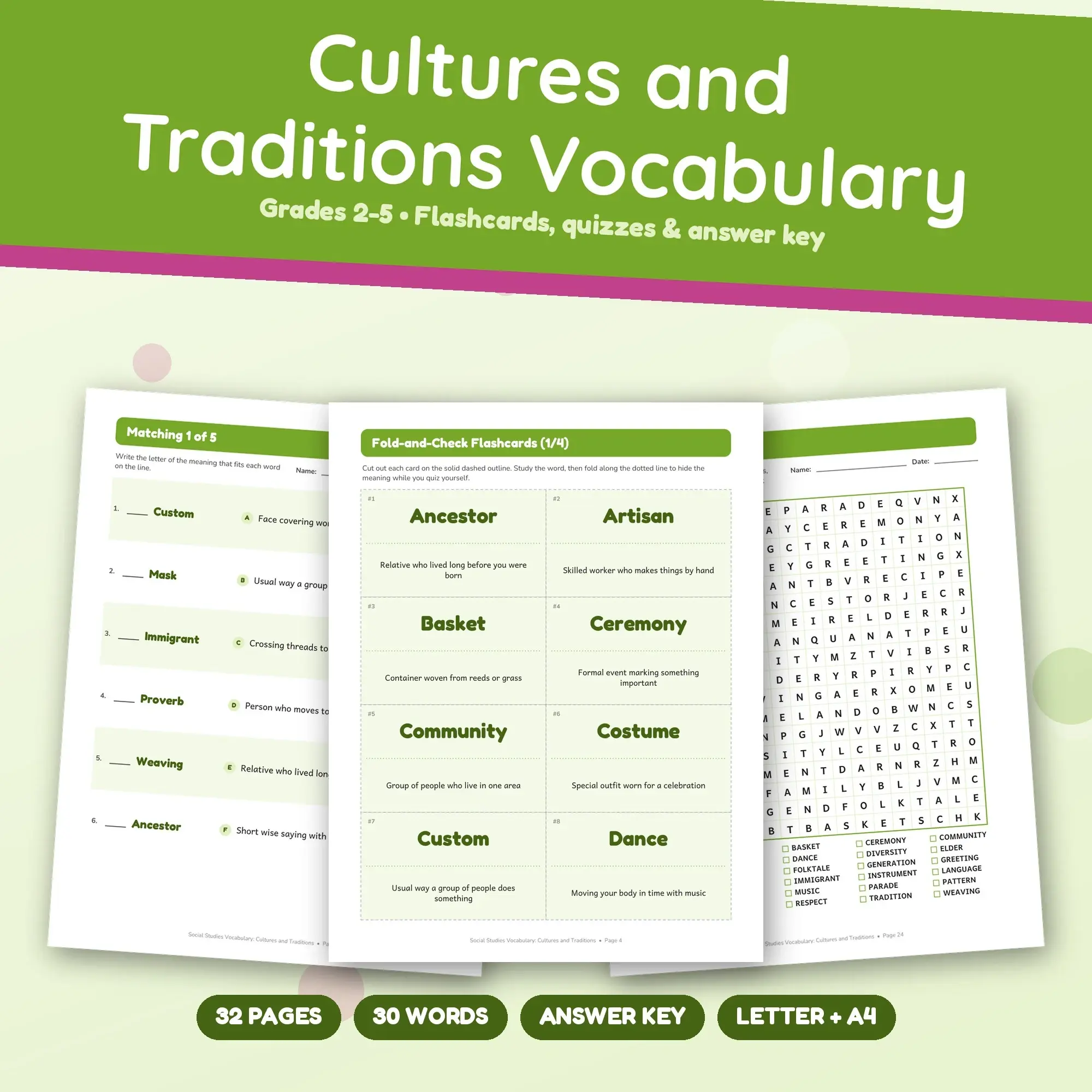 Cultures and Traditions Vocabulary Study Set - Flashcards, Quizzes & Word Search, Grades 2-5 preview
