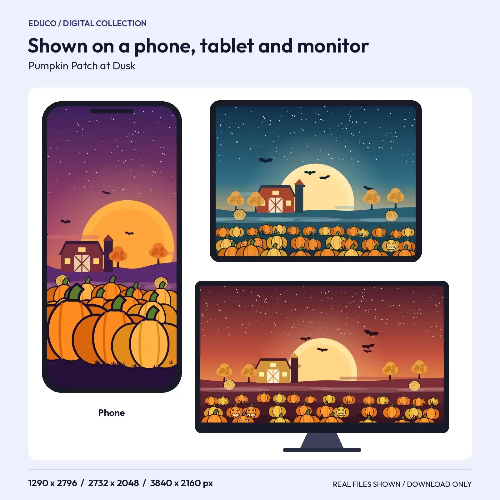 Pumpkin Patch at Dusk Wallpapers - 3 Colorways for Phone, Tablet and Desktop, preview 3 of 4