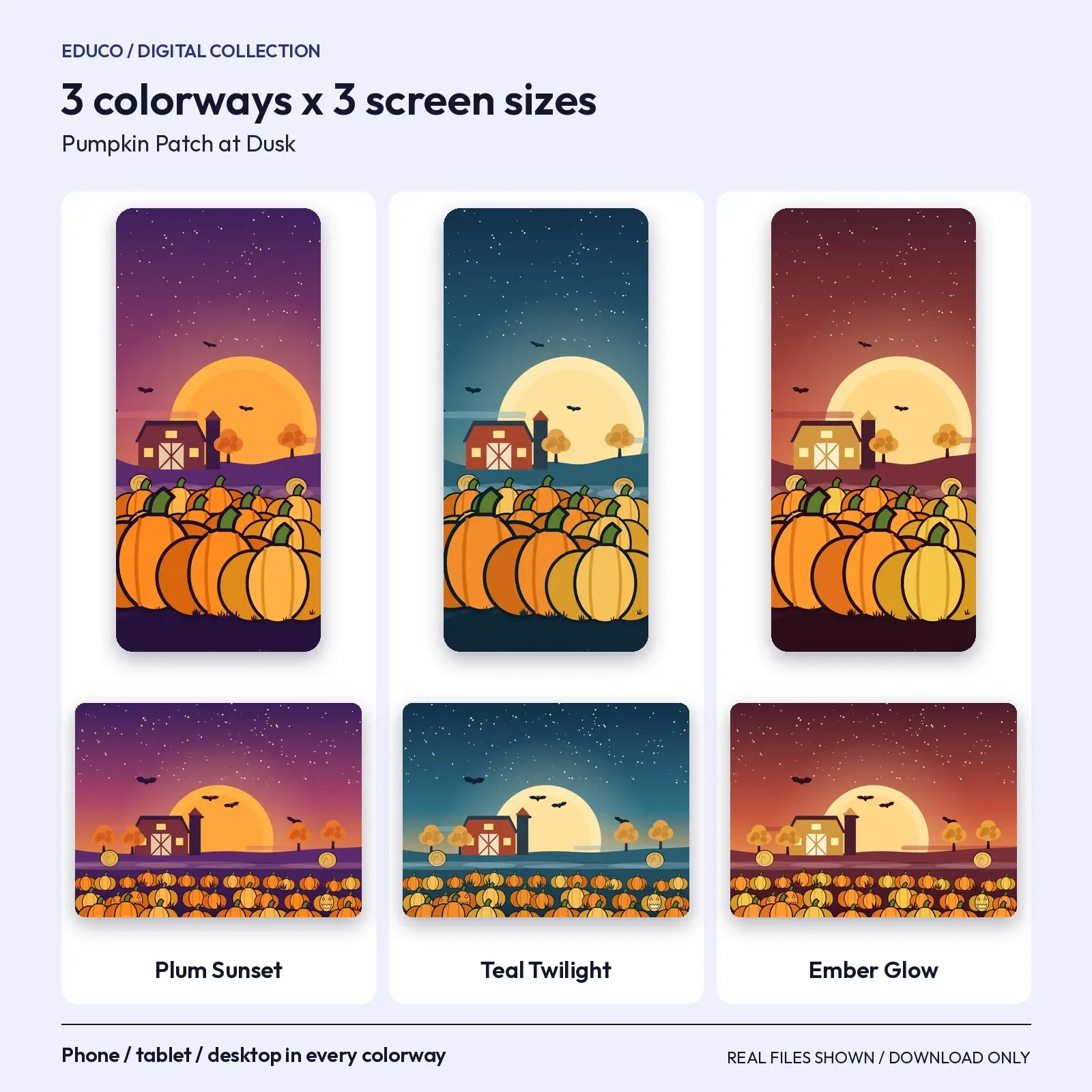 Pumpkin Patch at Dusk Wallpapers - 3 Colorways for Phone, Tablet and Desktop, preview 2 of 4