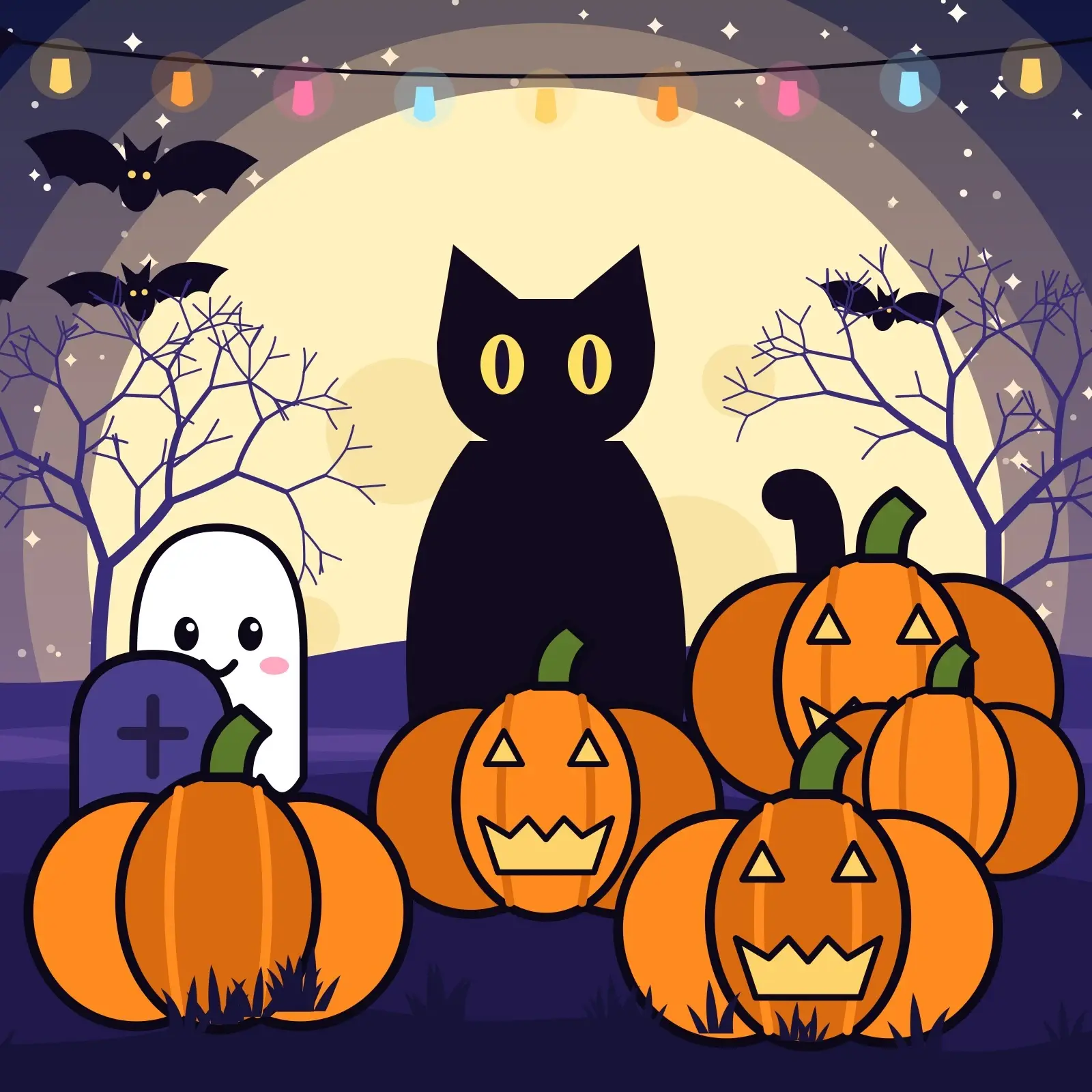 Black Cat and Giant Moon Wallpapers - Cute Halloween Backgrounds, 3 Colorways x 3 Sizes preview