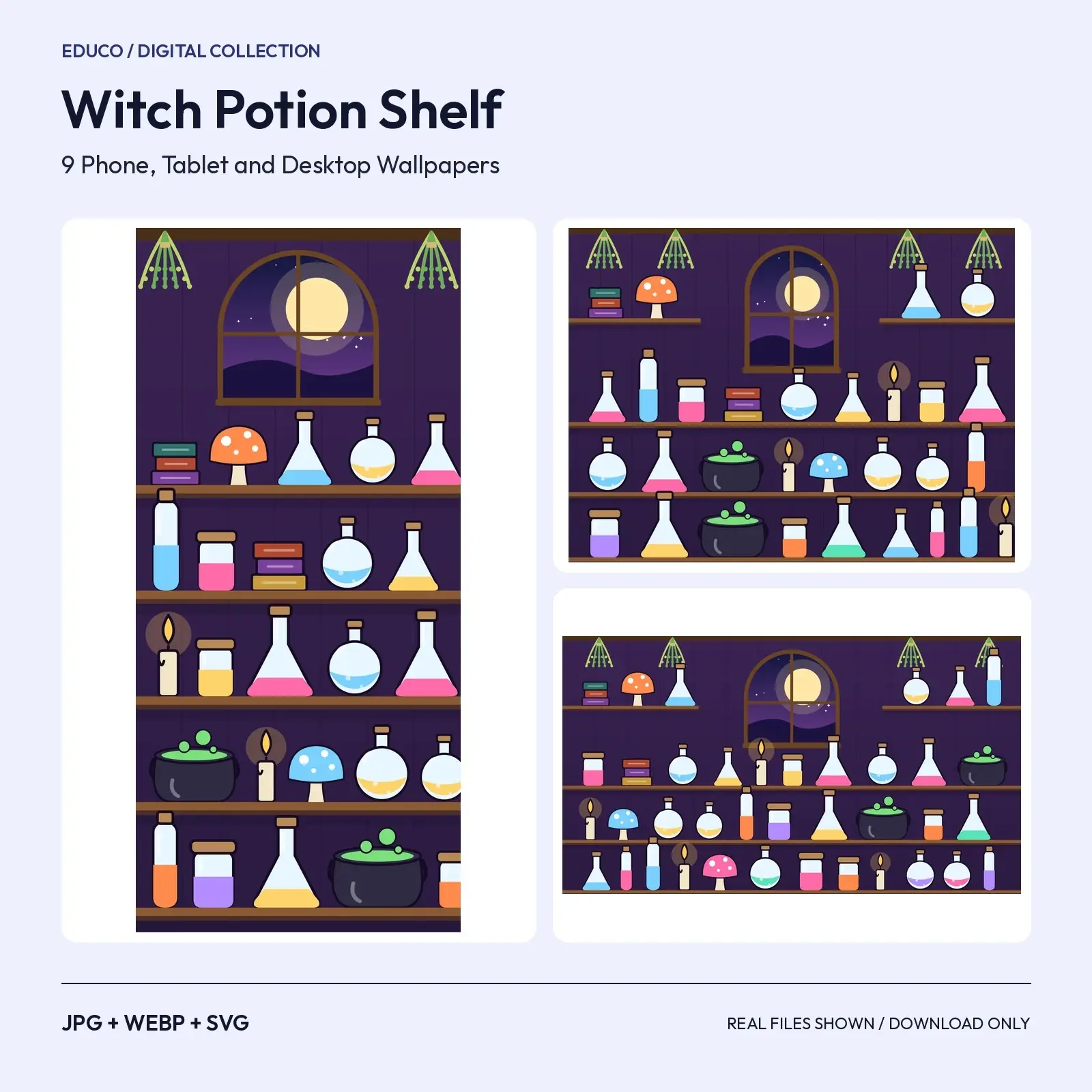 Witch Potion Shelf Wallpapers - Apothecary Cabinet Backgrounds for Phone, Tablet, Desktop preview
