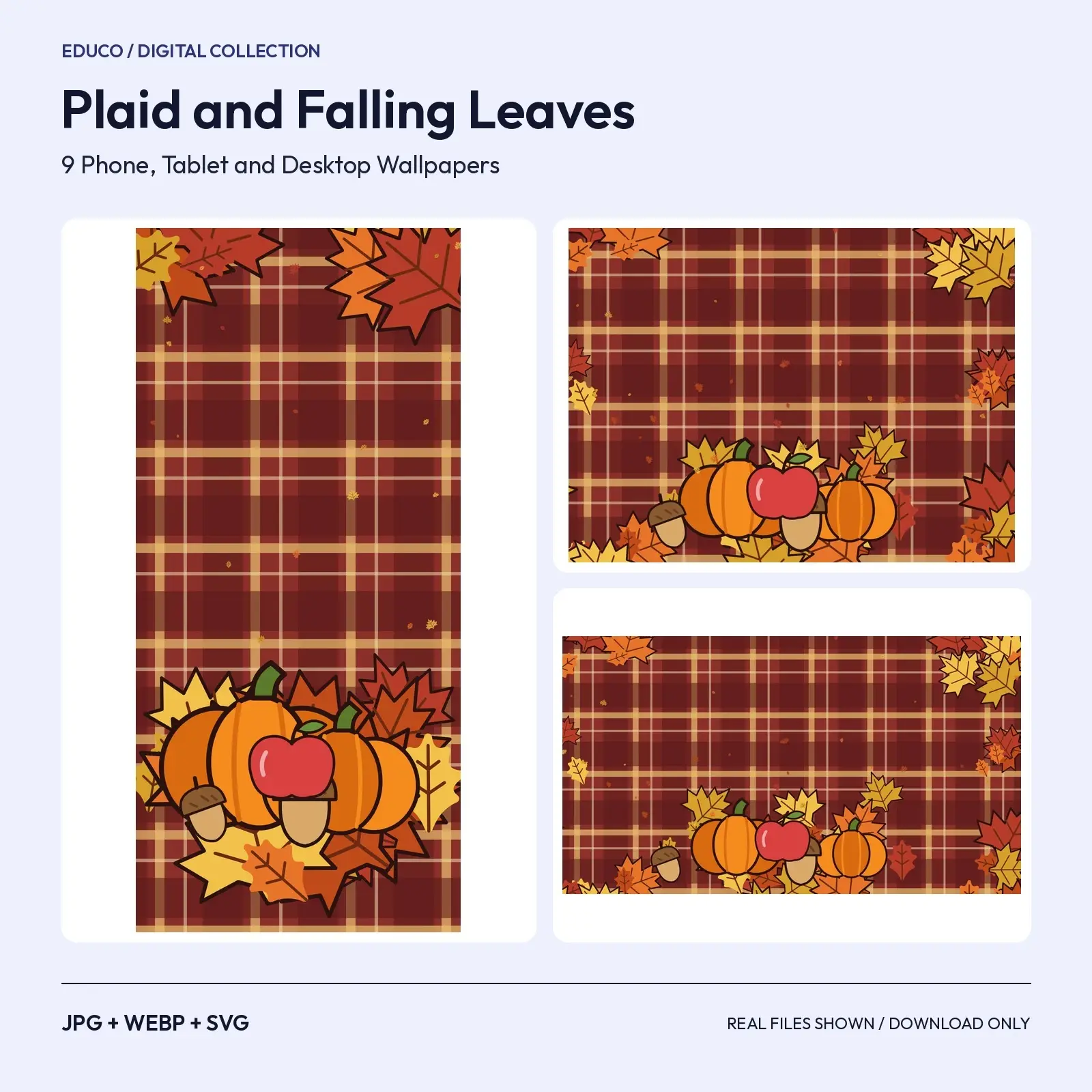 Plaid and Falling Leaves Wallpapers - Cozy Flannel Autumn Backgrounds, 3 Colorways x 3 Sizes preview