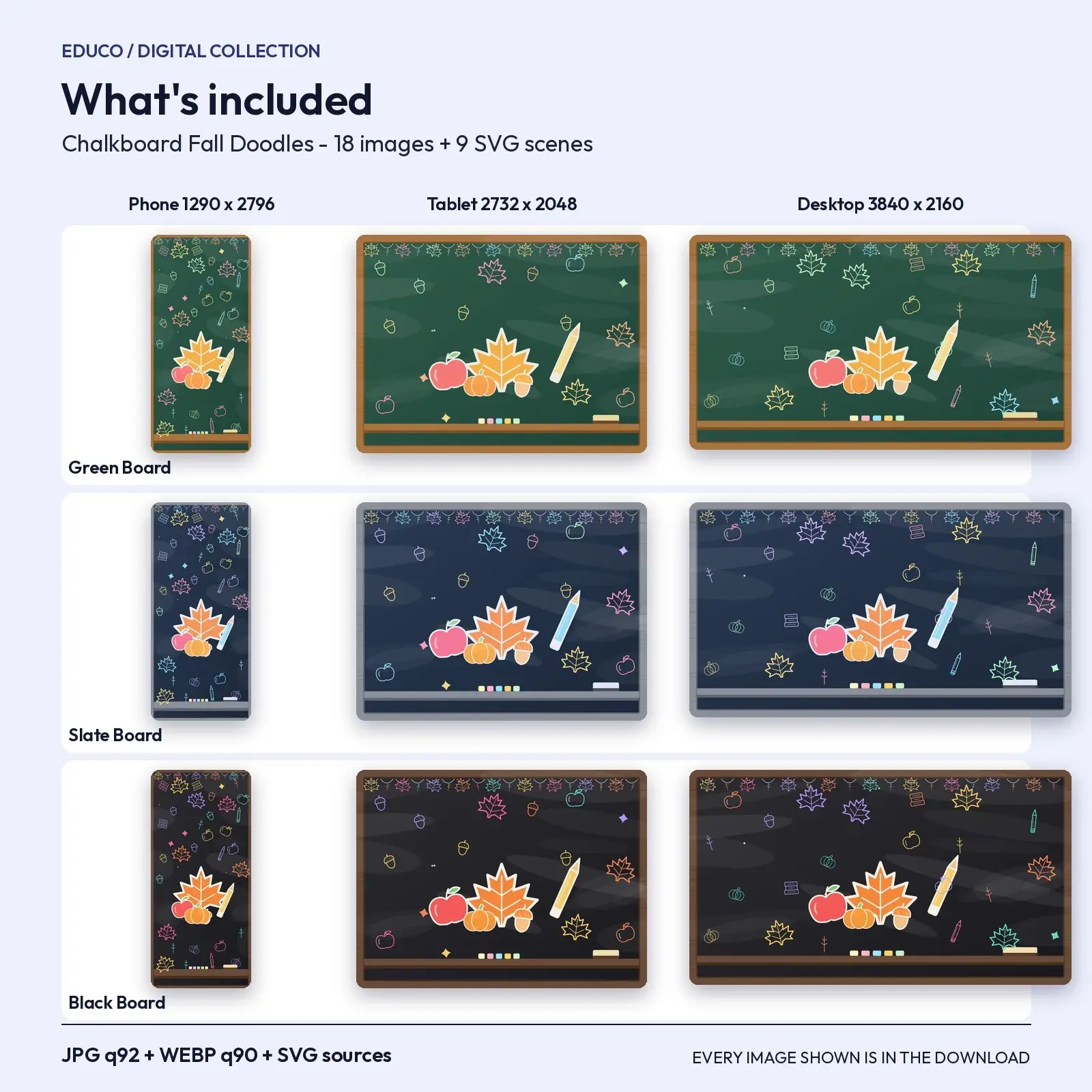 Chalkboard Fall Doodle Wallpapers - Classroom Backgrounds, 3 Boards x Phone, Tablet, Desktop, preview 4 of 4