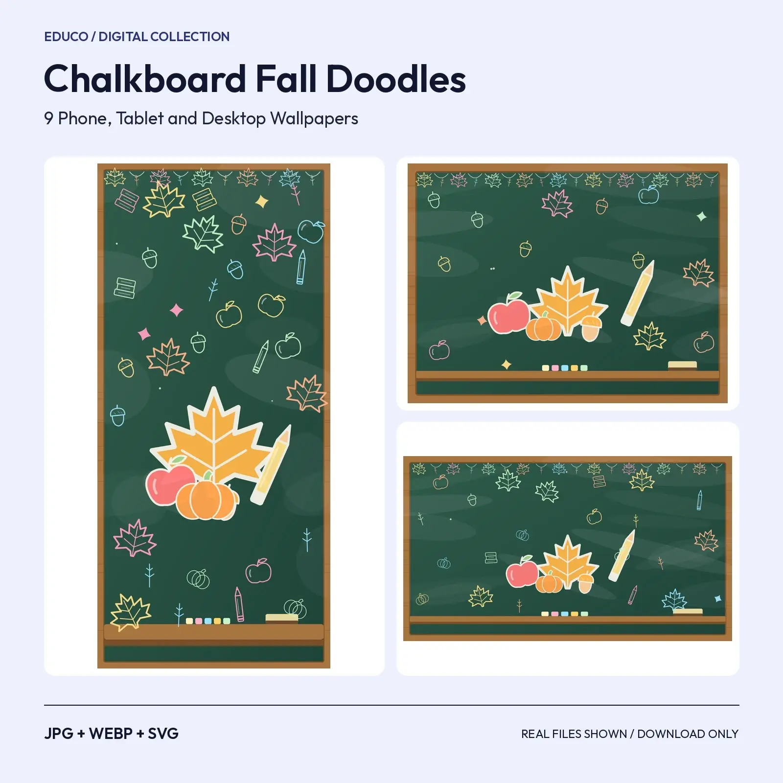 Chalkboard Fall Doodle Wallpapers - Classroom Backgrounds, 3 Boards x Phone, Tablet, Desktop, preview 1 of 4