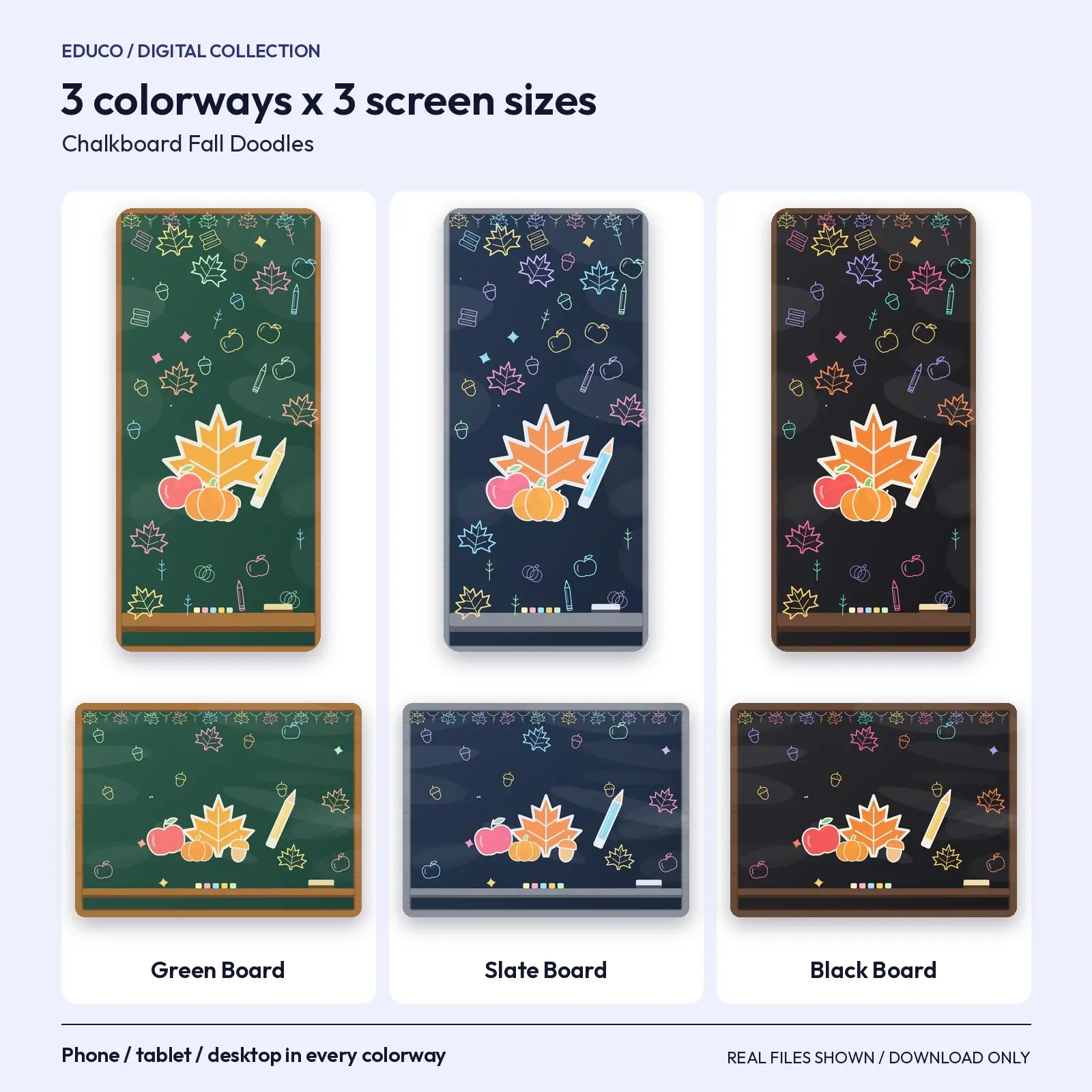 Chalkboard Fall Doodle Wallpapers - Classroom Backgrounds, 3 Boards x Phone, Tablet, Desktop, preview 2 of 4