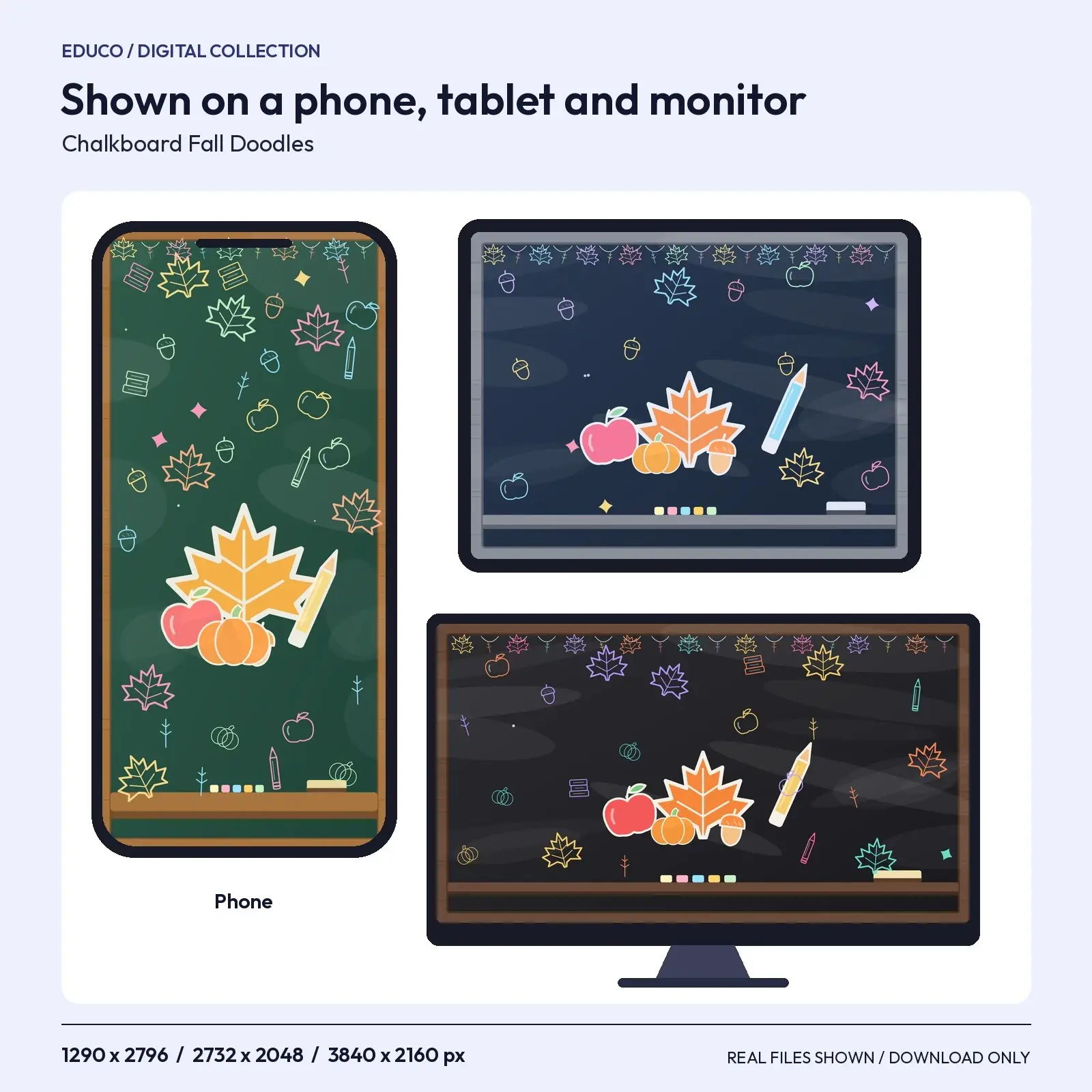 Chalkboard Fall Doodle Wallpapers - Classroom Backgrounds, 3 Boards x Phone, Tablet, Desktop, preview 3 of 4
