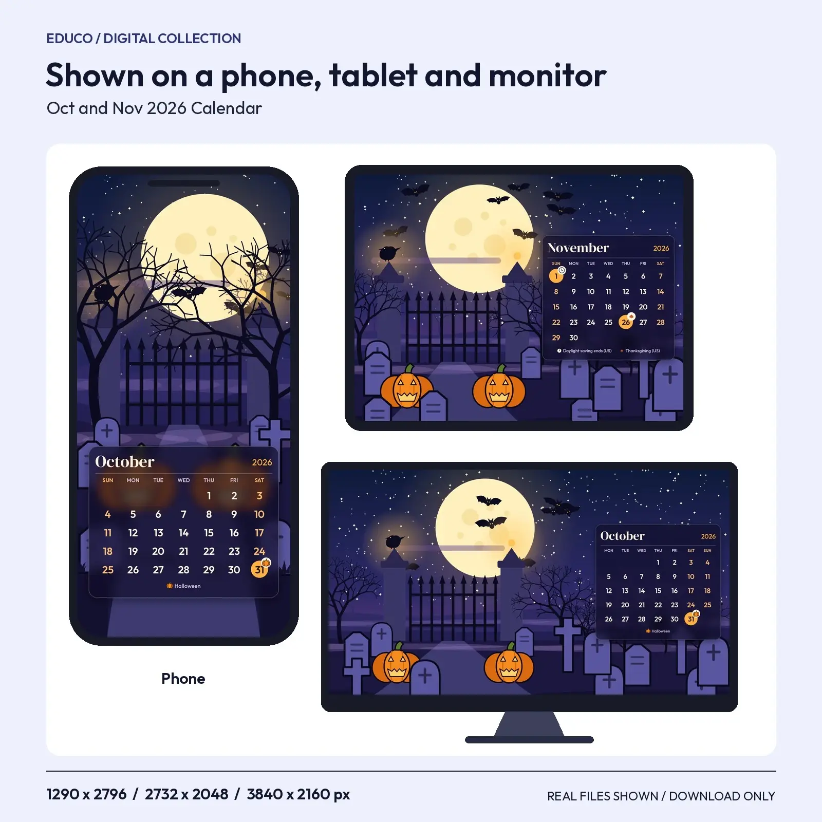 October and November 2026 Calendar Wallpapers - Moonlit Graveyard Gate, Phone Tablet Desktop, preview 3 of 4
