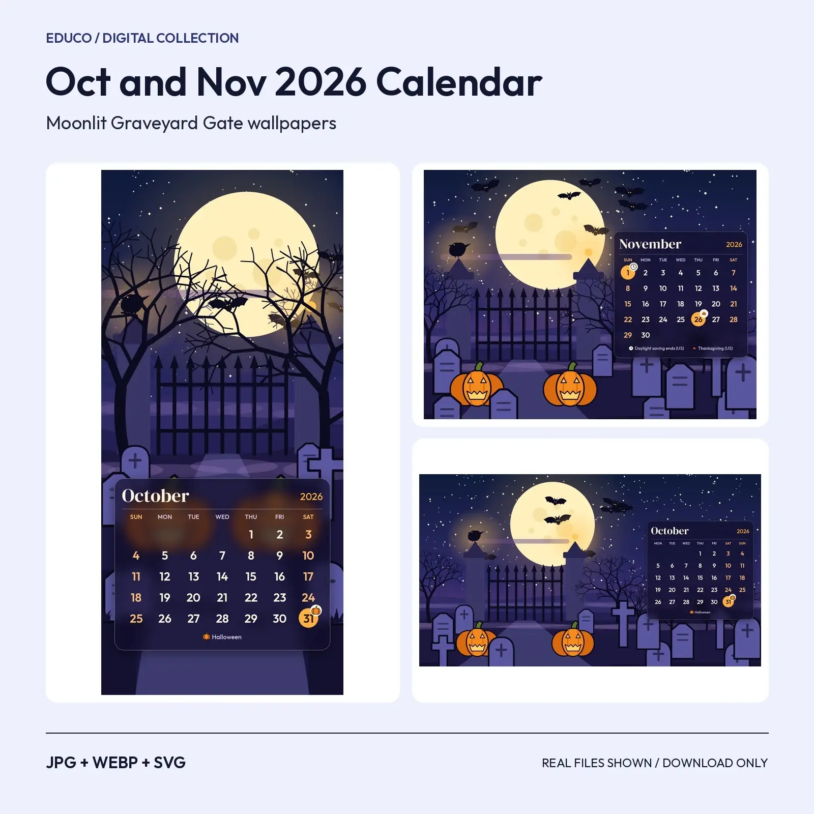 October and November 2026 Calendar Wallpapers - Moonlit Graveyard Gate, Phone Tablet Desktop preview