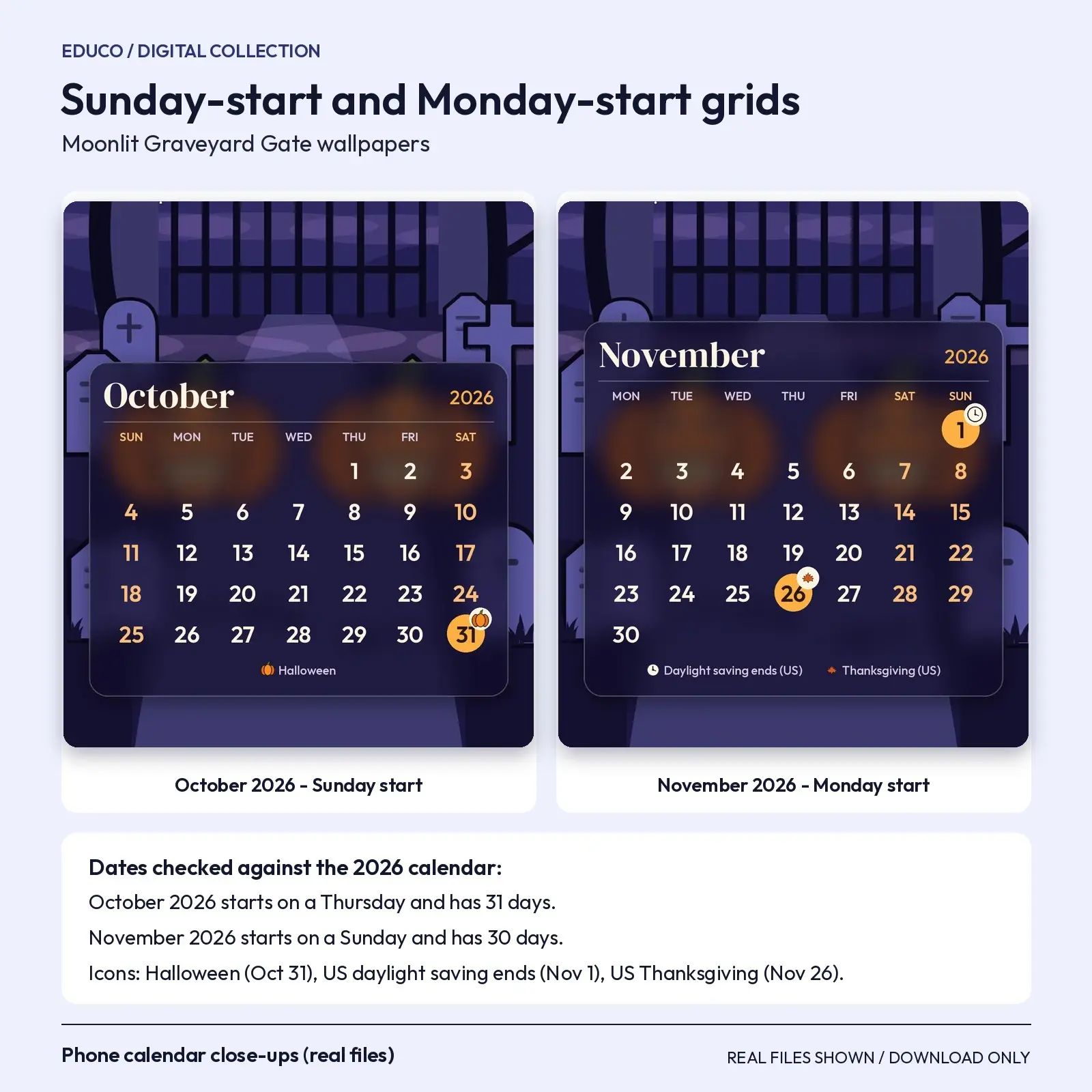 October and November 2026 Calendar Wallpapers - Moonlit Graveyard Gate, Phone Tablet Desktop, preview 2 of 4