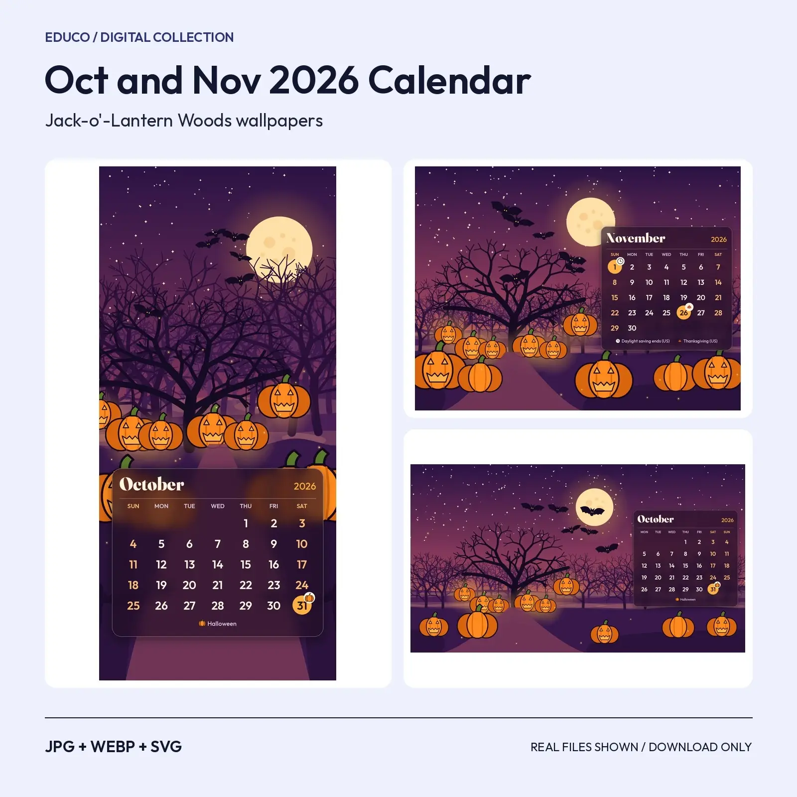 Oct and Nov 2026 Calendar Wallpapers - Jack-o'-Lantern Woods, Phone, Tablet and Desktop Sizes preview