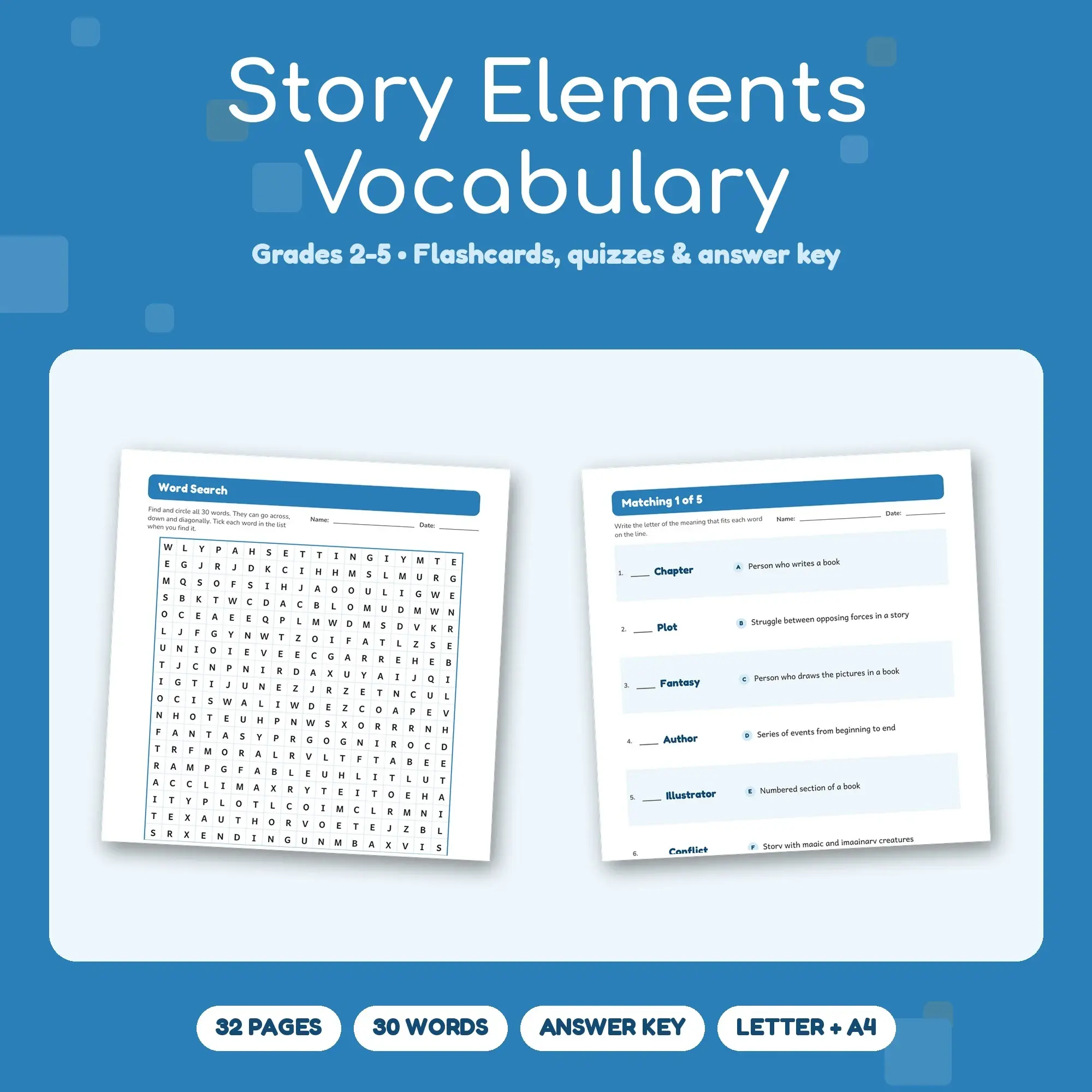 30 Story Elements Vocabulary Words - Printable Study Set, Grades 2-5, Answer Key preview